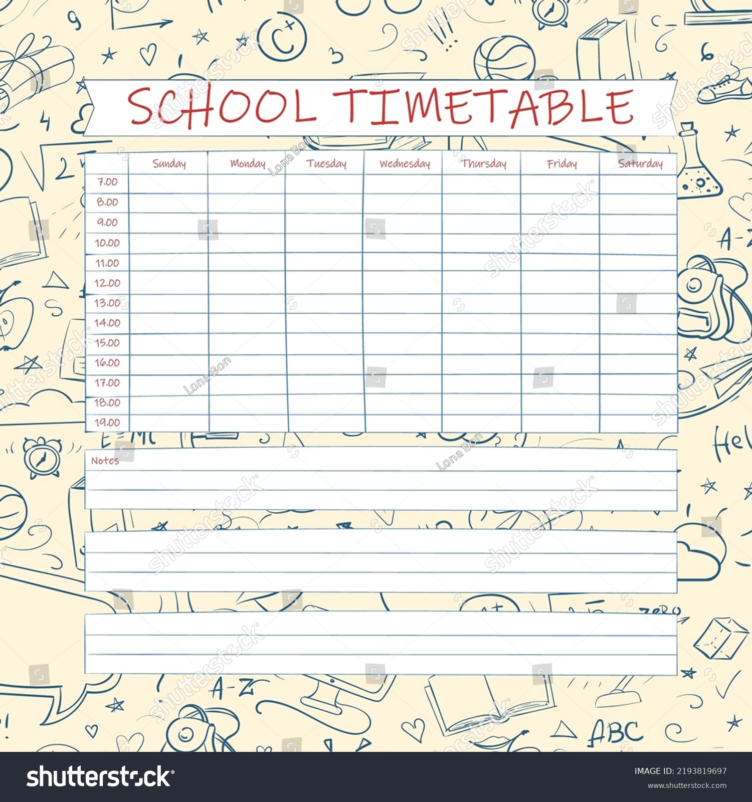 School Timetable Hand Drawn Design Vector Stock Vector (Royalty Free ...