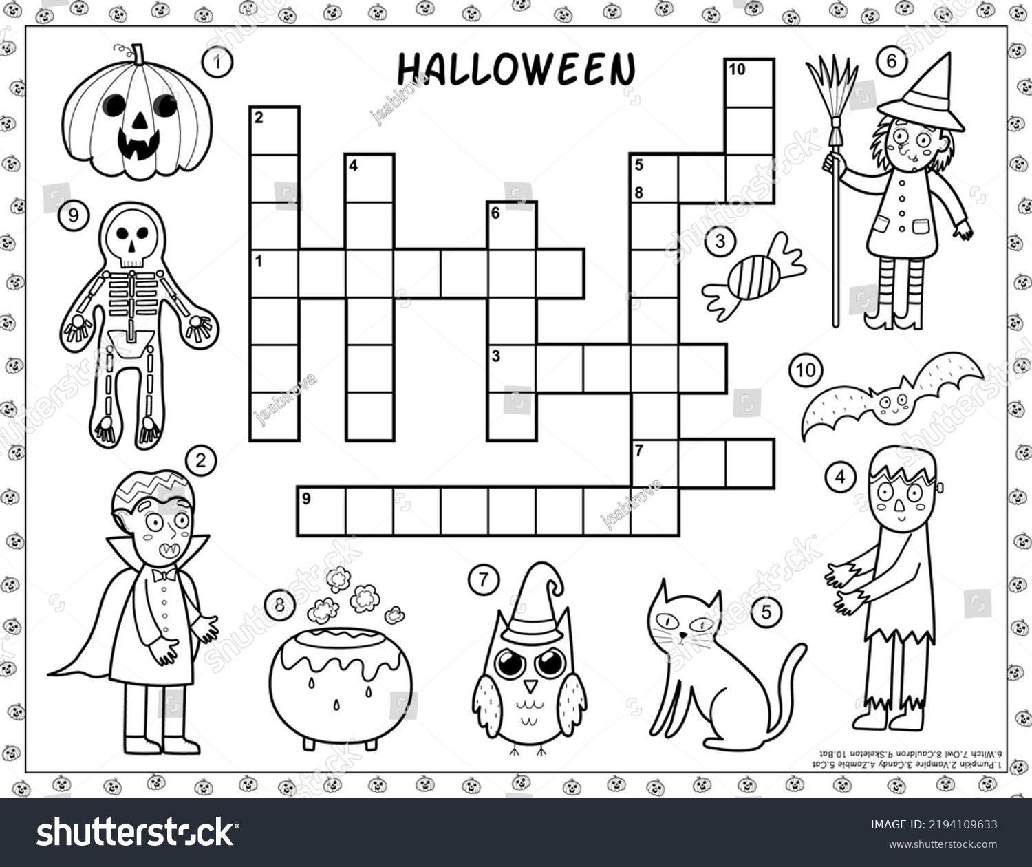 Black White Halloween Crossword Spooky Characters Stock Vector (Royalty ...