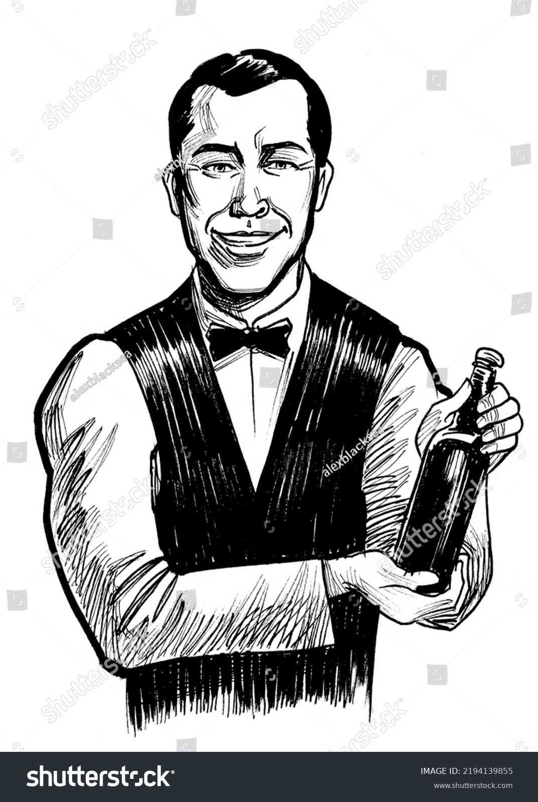 Waiter Bottle Wine Ink Black White Stock Illustration 2194139855 ...