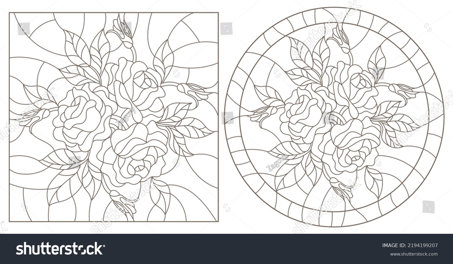 Set Contour Illustrations Stained Glass Rose Stock Vector Royalty Free