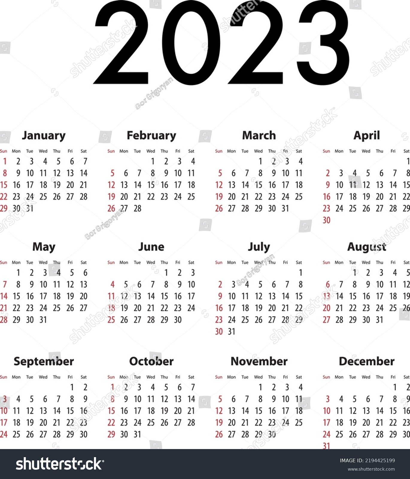 English Calendar Grid 2023 Best Calendar Stock Vector (Royalty Free ...