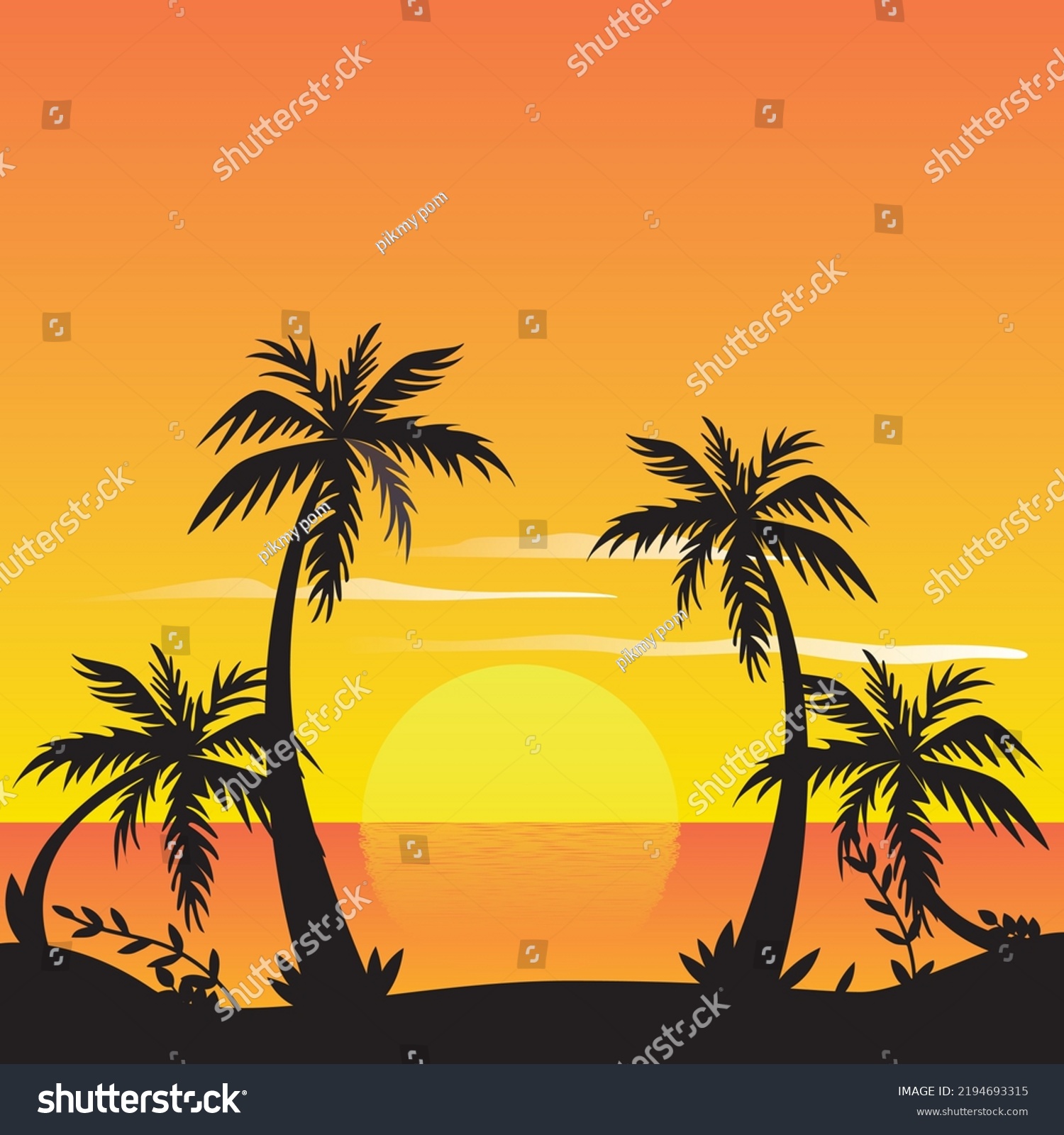 Beach Sunset Coconut Tree Silhouettes Stock Vector Royalty Free