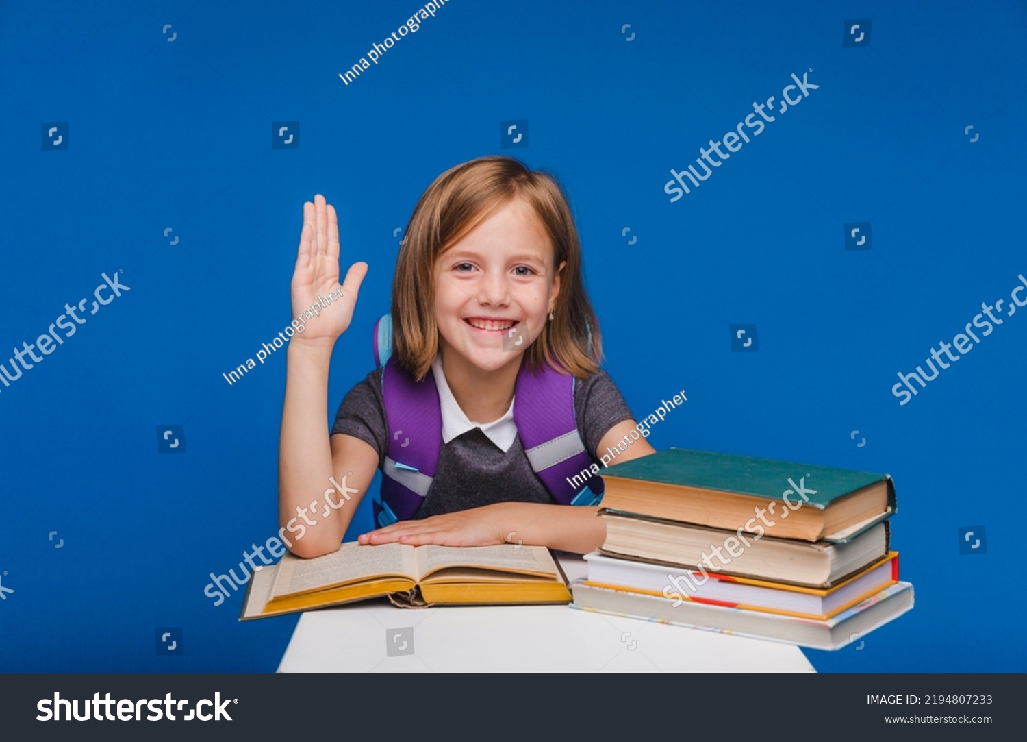 Little Schoolgirl Raised Her Hand Answer Stock Photo 2194807233