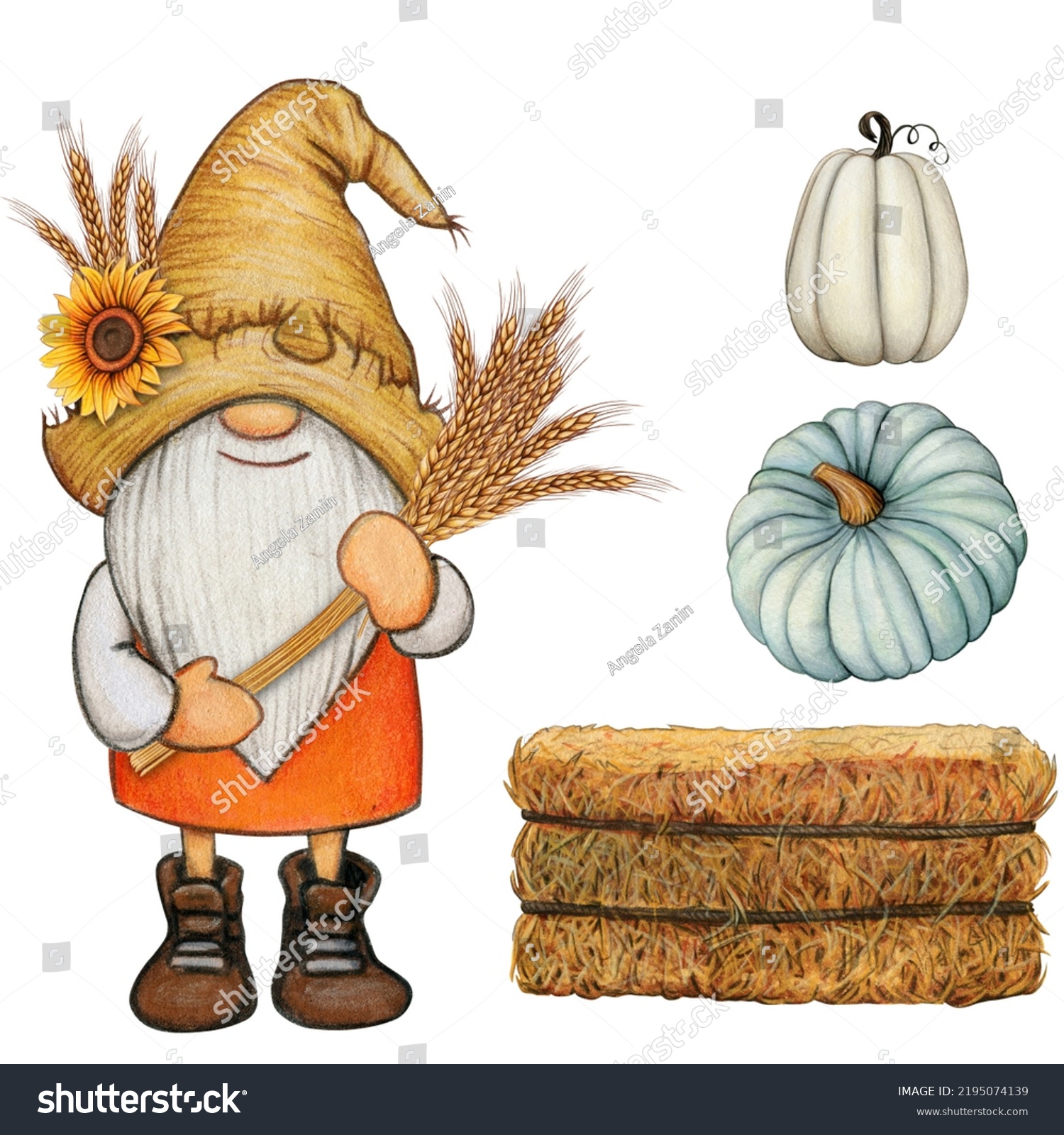 Watercolor Fall Gnome Wheat Ears Stock Illustration 2195074139 ...