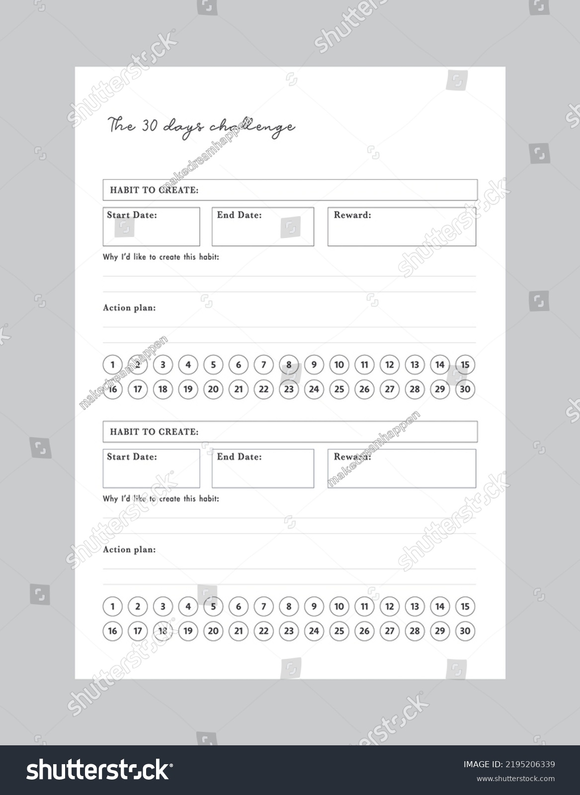 Habit 30 days planner sheets clear stock vector royalty free