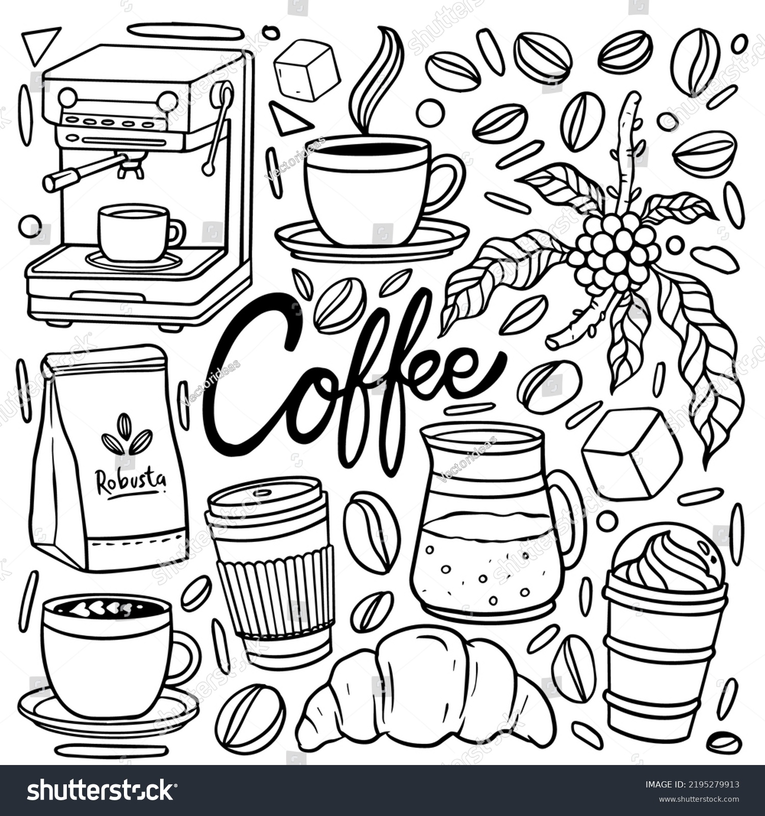 Set Hand Drawn Coffee Shop Theme Stock Vector (Royalty Free) 2195279913 ...