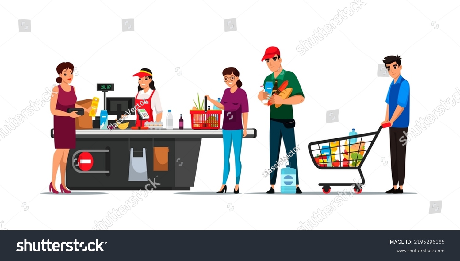 Queue People Supermarket Checkout Vector Illustration Stock Vector ...