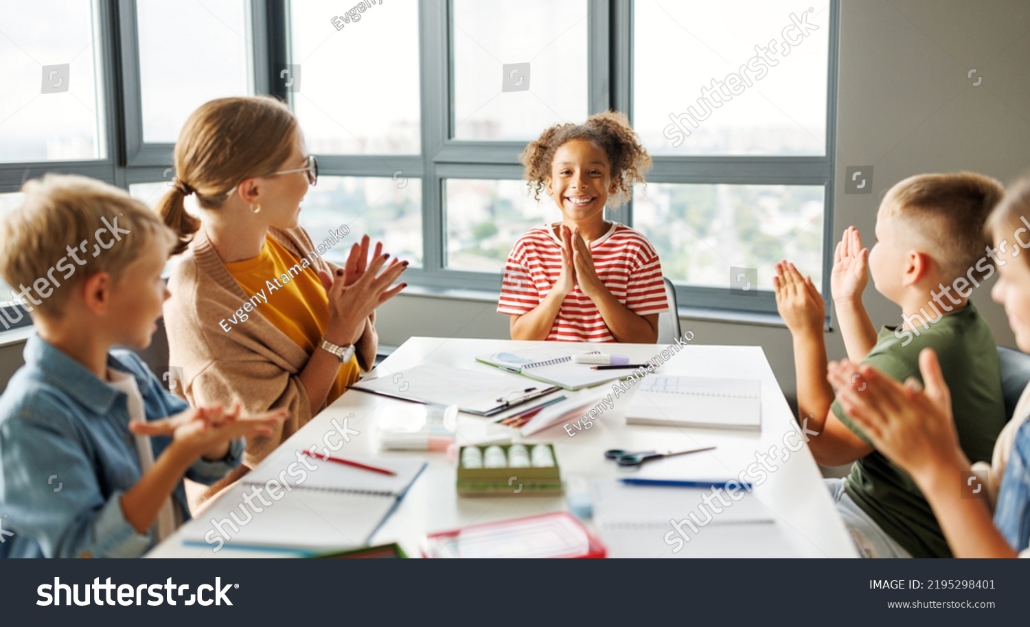 Happy Teacher Joyful School Kids Celebrate Stock Photo 2195298401 