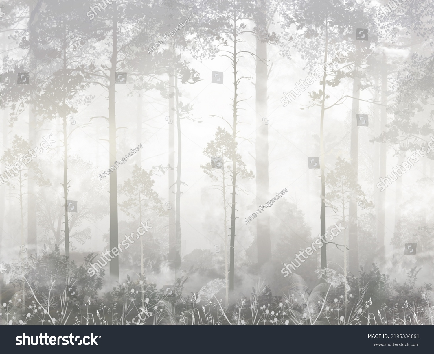 Misty Forest Fog Wallpaper Black White Stock Illustration 2195334891 ...