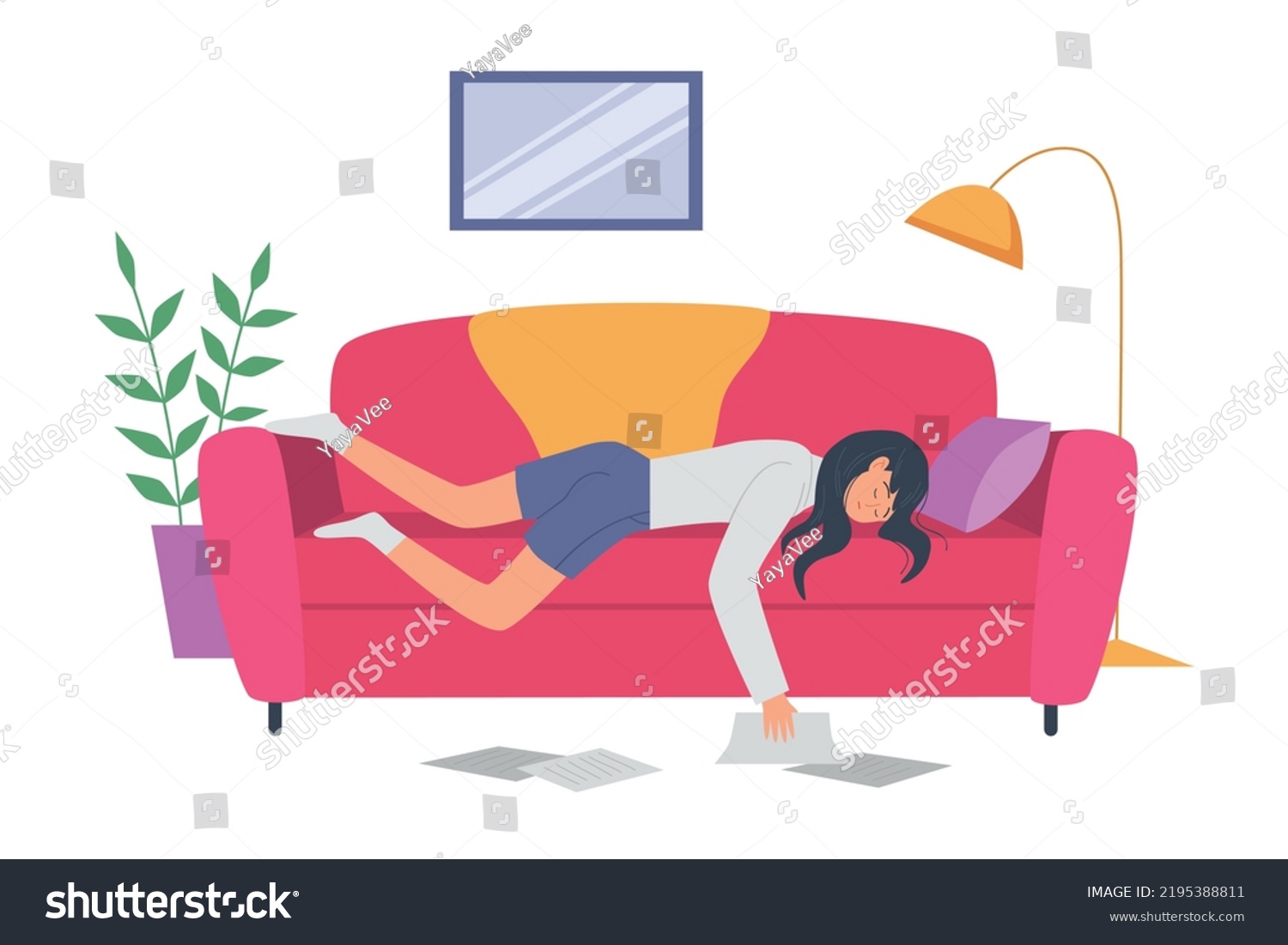 Tired Girl Lying On Couch Vector Stock Vector (Royalty Free) 2195388811 ...