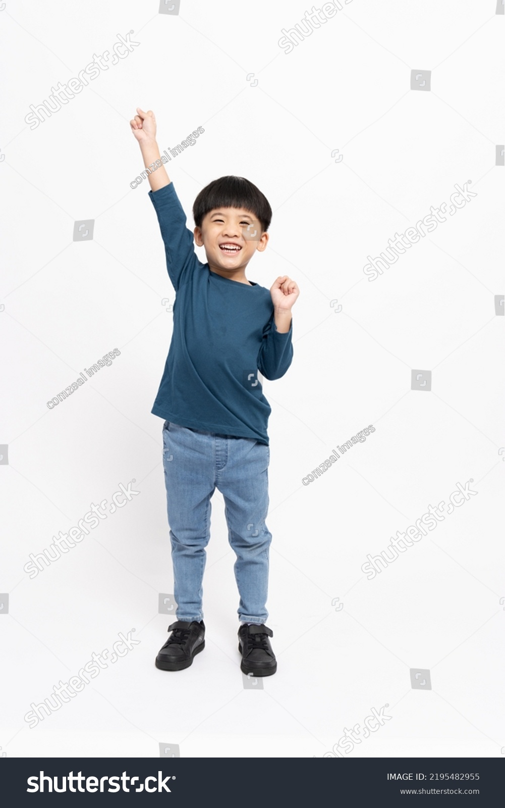 Happy Asian Little Boy Hands Up Raised Arms From Happiness Isolated On