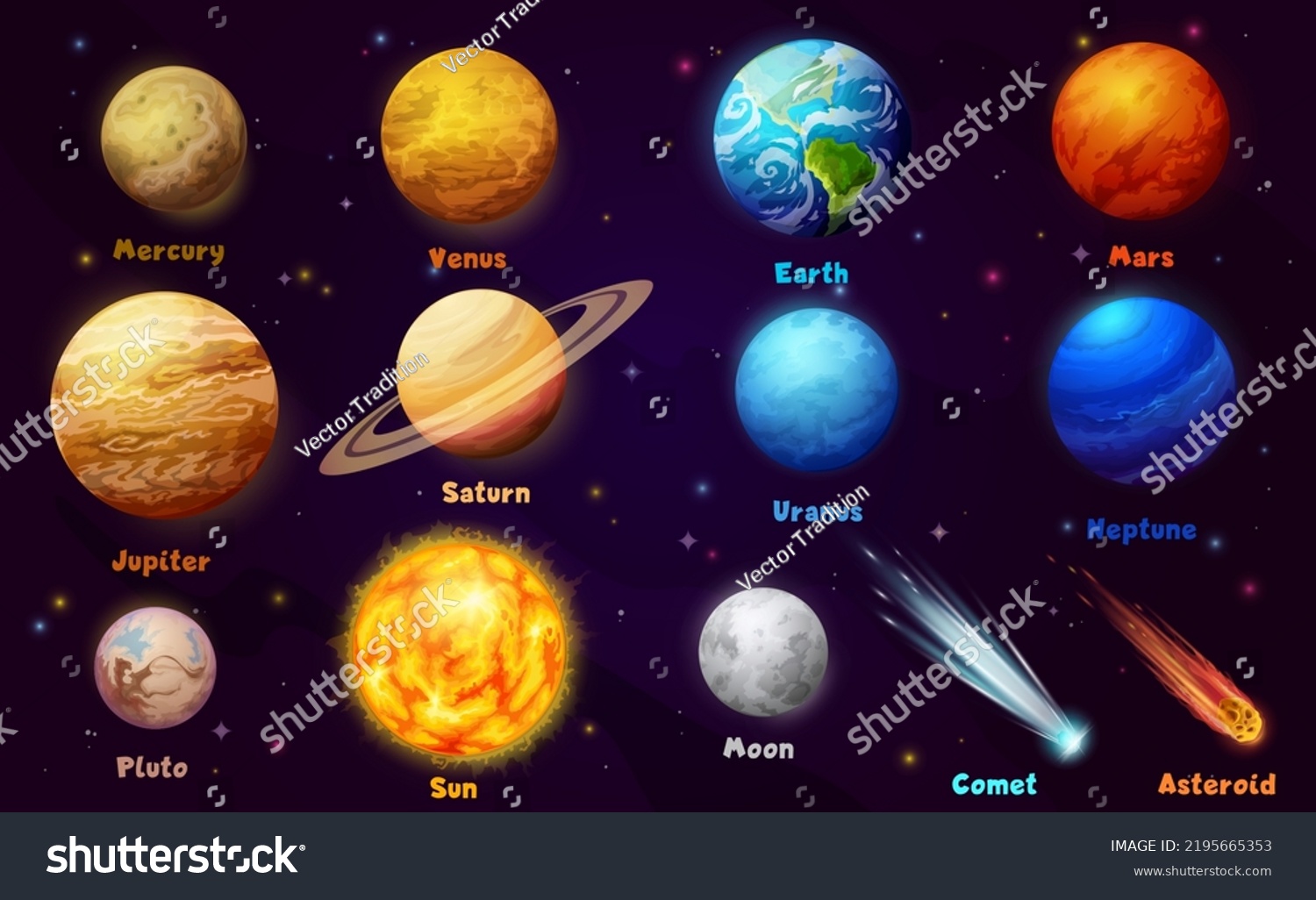 Sun System Cartoon Planets Stars Space Stock Vector (Royalty Free ...