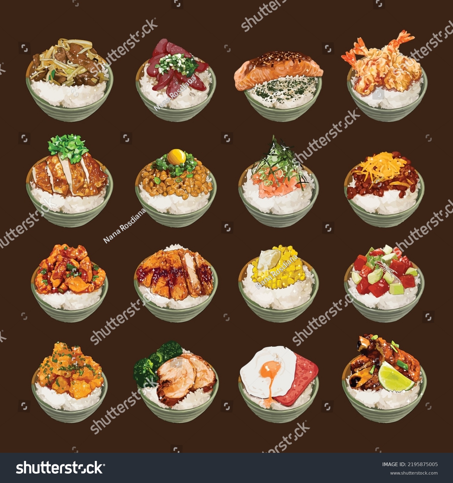 Set Japanese Rice Bowl Vector Illustration Stock Vector (Royalty Free