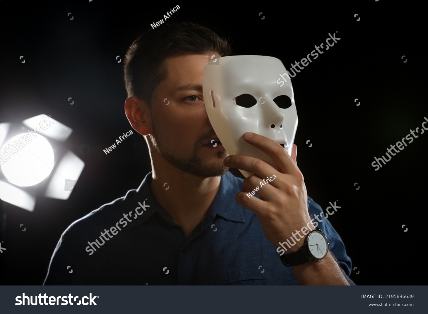 Professional Actor Mask On Stage Theatre Stock Photo 2195896639 ...