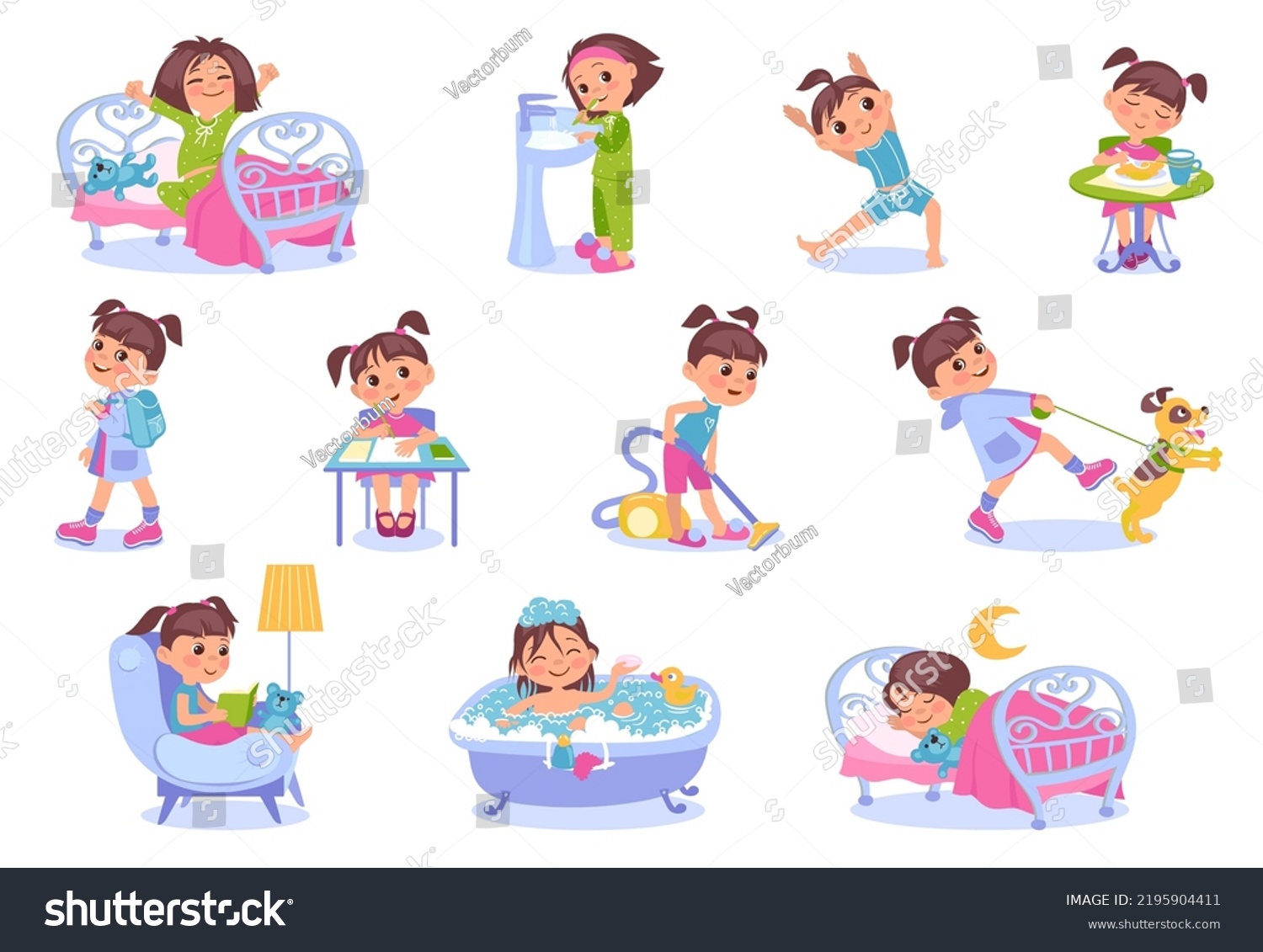 Funny Girl Daily Routine Everyday Kids Stock Vector (Royalty Free ...