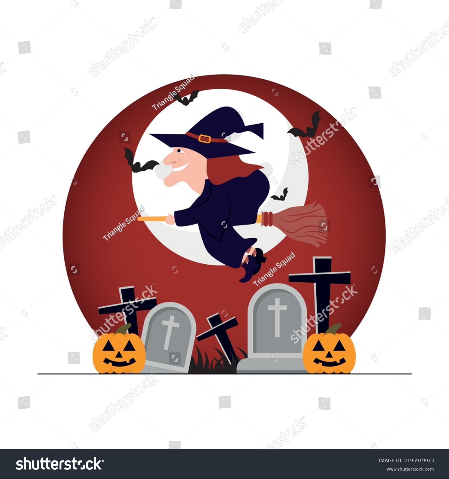 Witch Riding Broom Graveyard Illustration Concept Stock Vector Royalty Free 2195919913 