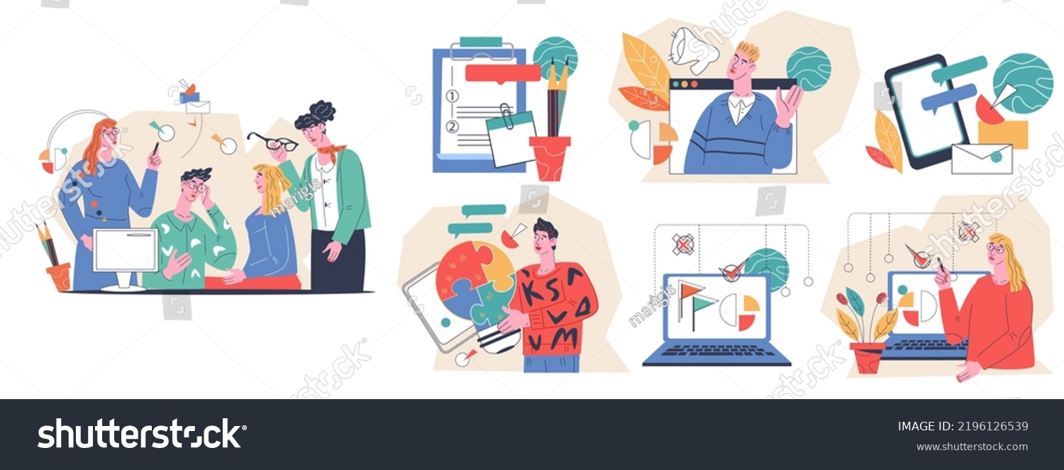 Set Illustrations Depicting Business People Communicating Stock Vector ...