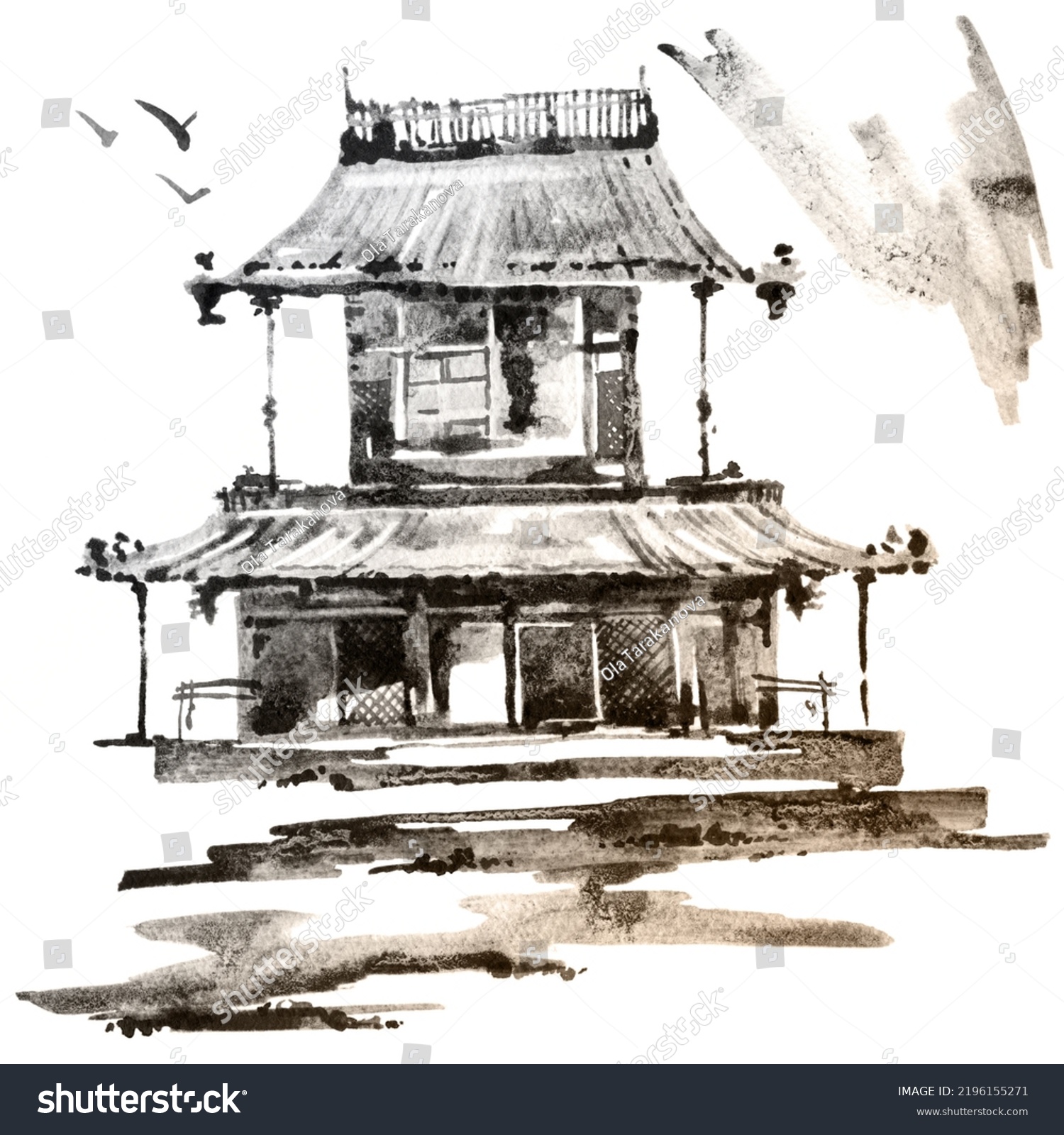 Watercolor Ink Sketch Illustration Pagoda Building Stock Illustration ...