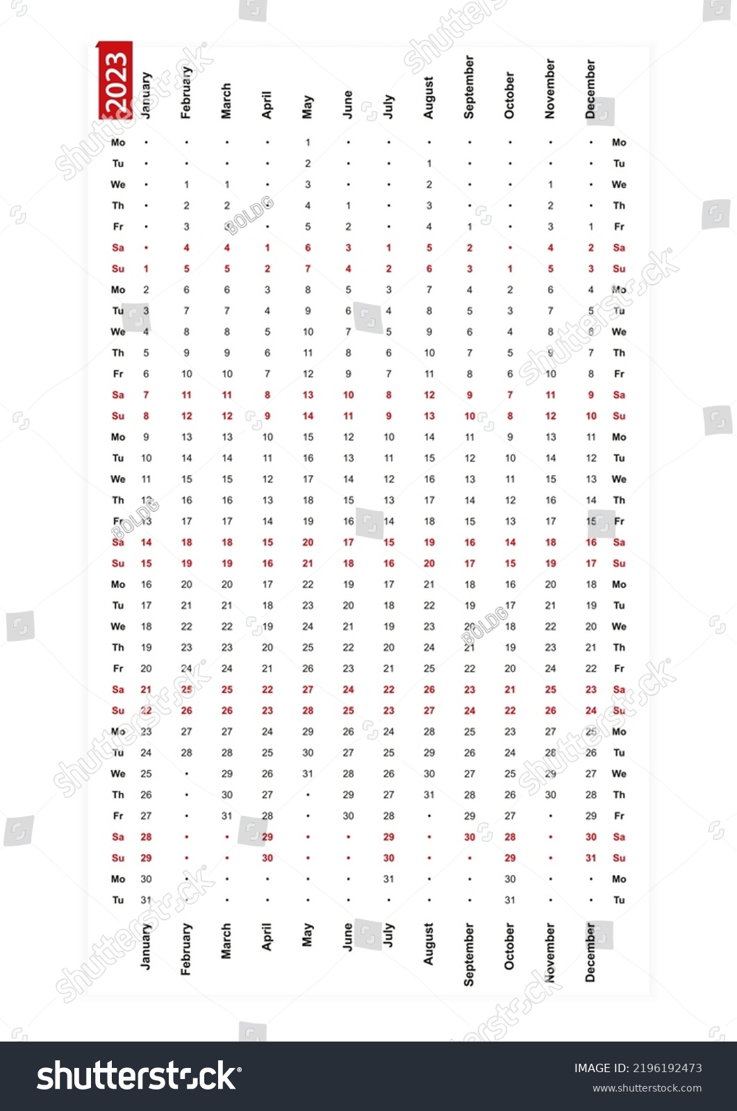 One Row Vertical Calendar 2023 Monday Stock Vector (Royalty Free