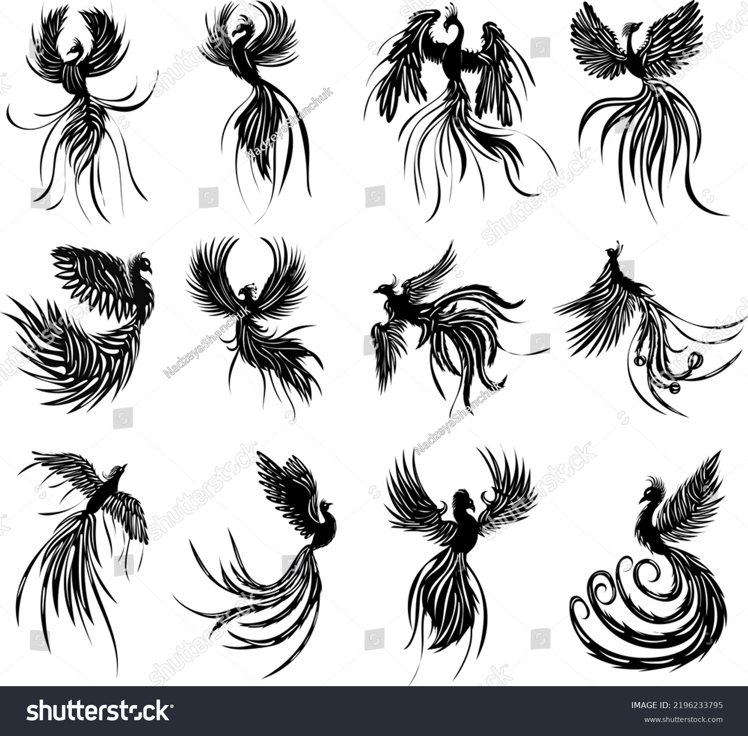 Phoenix Birds Firebird Set Silhouette Isolated Stock Vector (Royalty ...