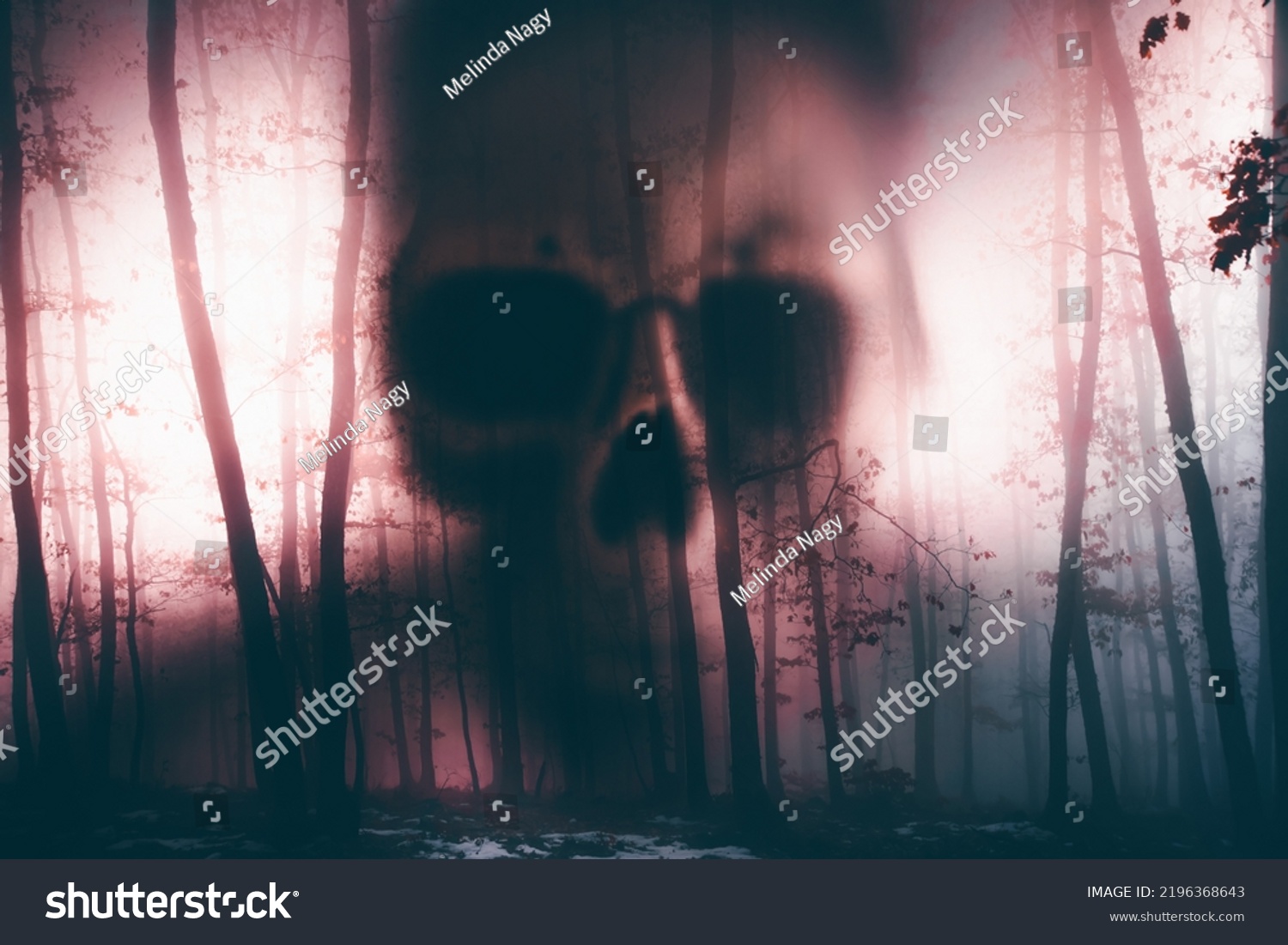 Horror Background Ghostly Figure Enchanted Forest Stock Photo