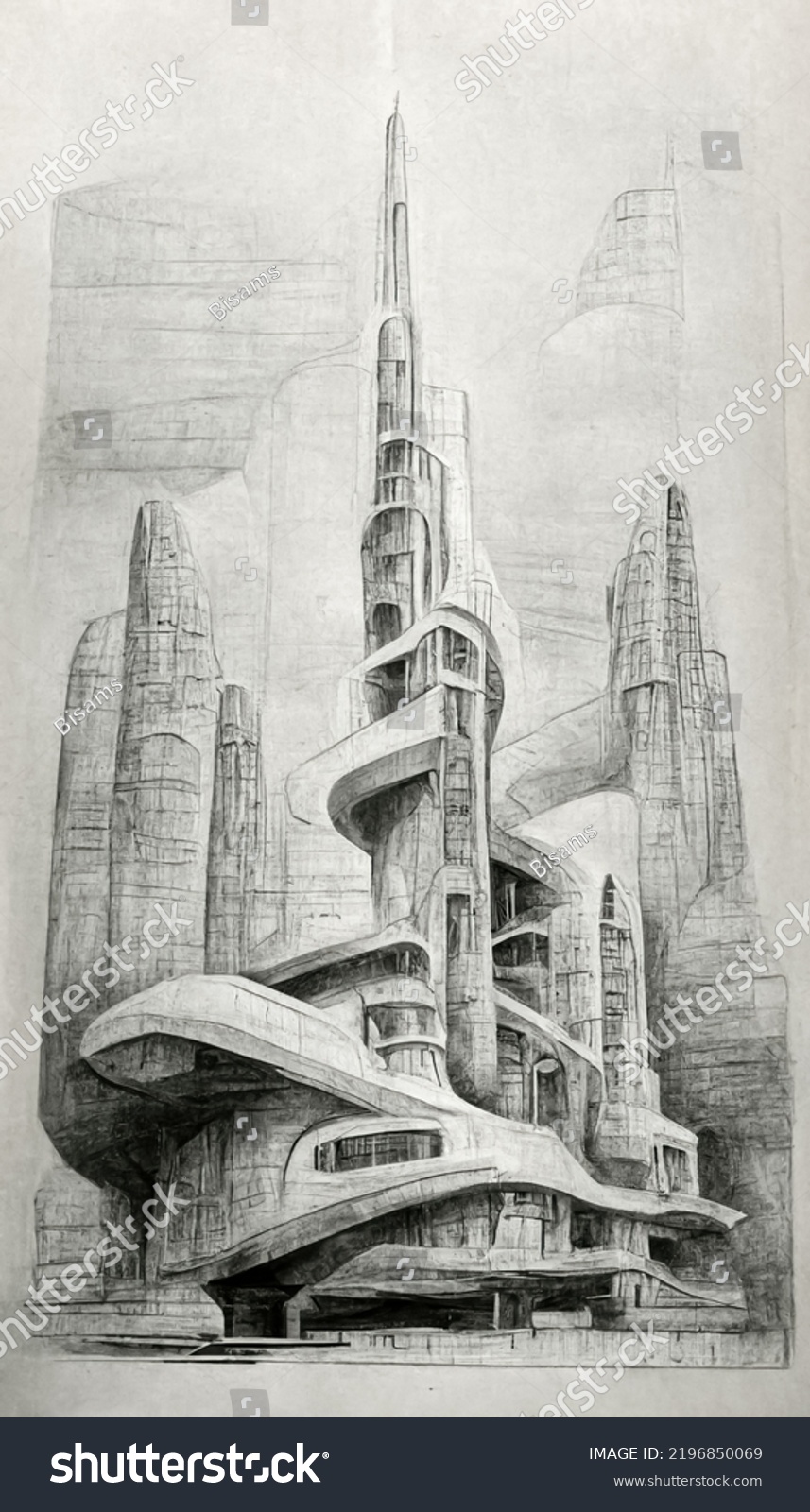 Futuristic Surreal Urban Modern Architecture Pencil Stock Illustration ...