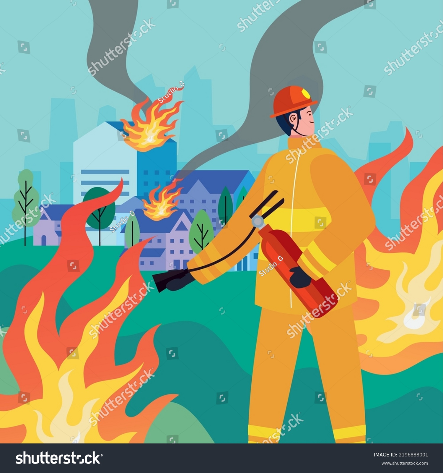 Fireman Putting Out Fire Extinguisher Stock Vector (Royalty Free ...