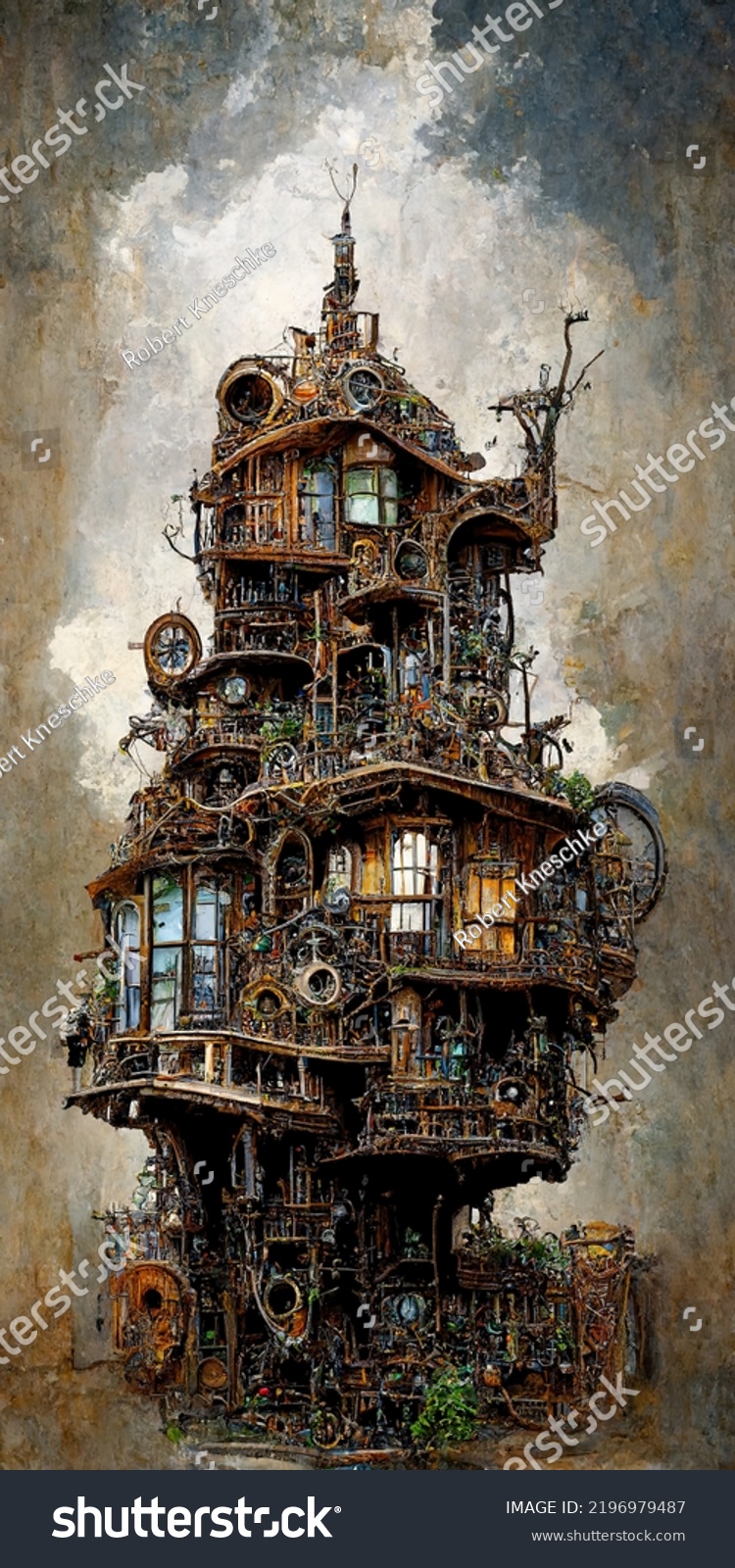 Tall Steampunk Apartment House Futuristic Architecture Stock   Stock Photo Tall Steampunk Apartment House As Futuristic Architecture Design Illustration 2196979487 