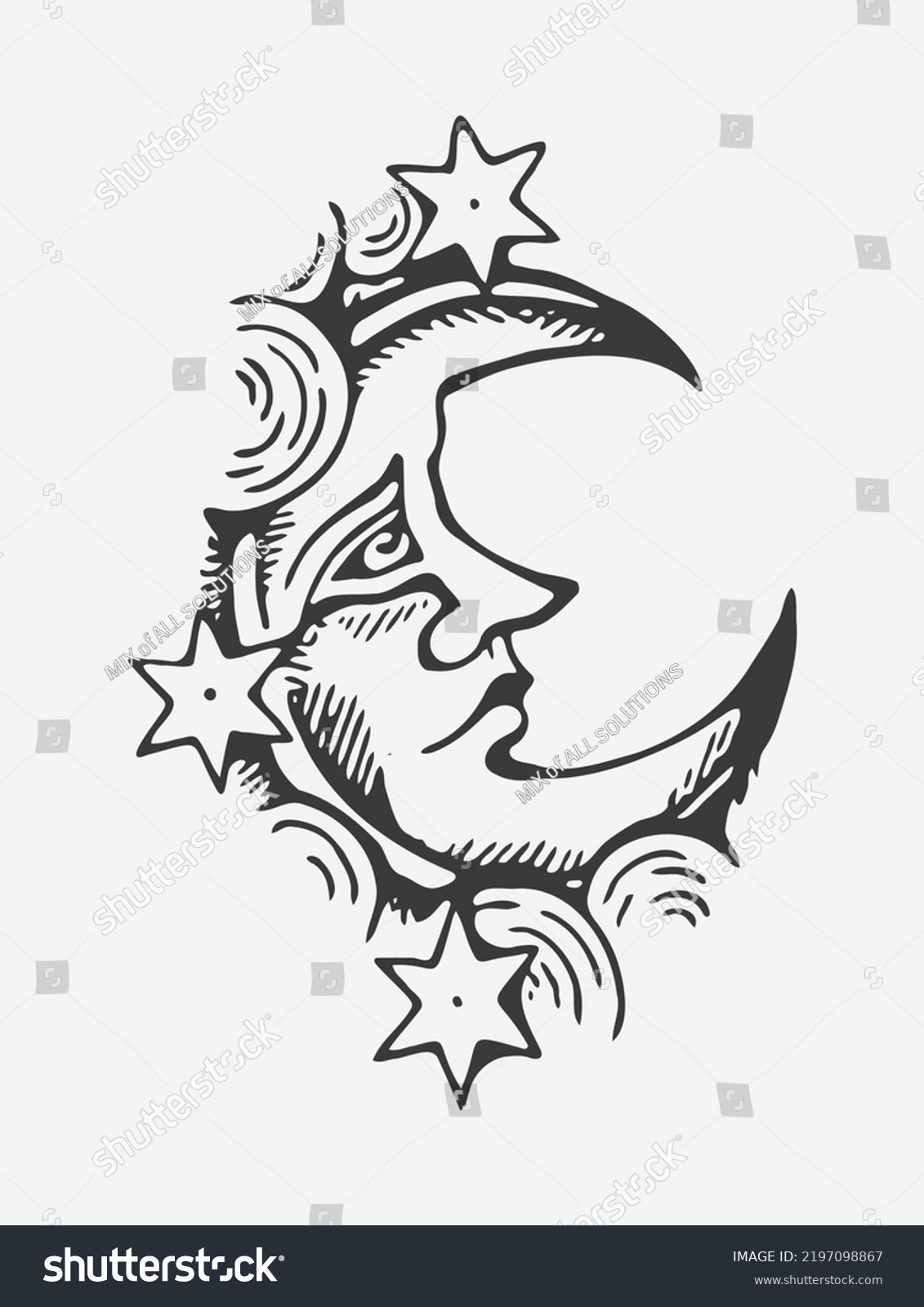 Moon Face Stars Engraving Vector Illustration Stock Vector (royalty 