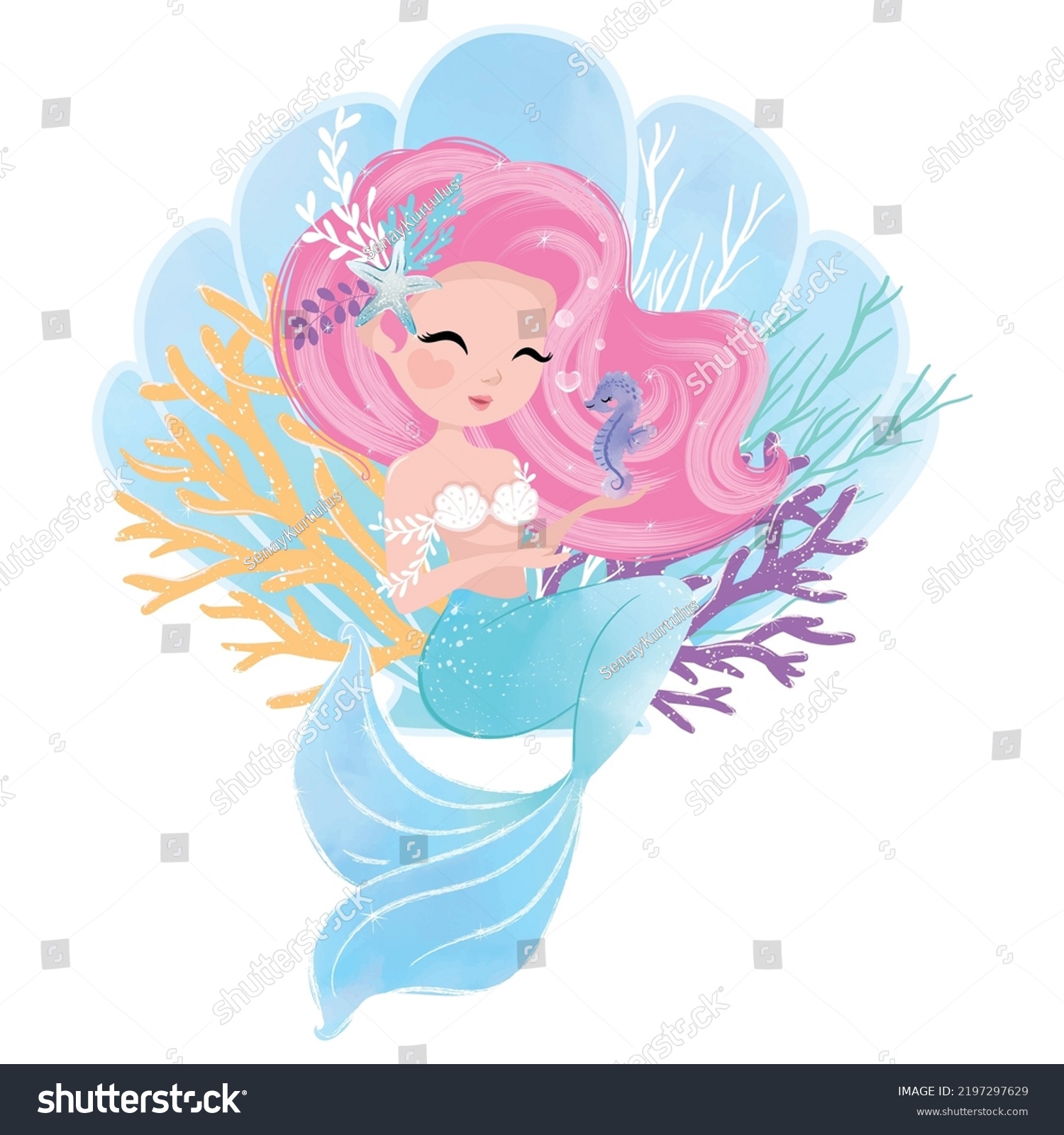 Cute Mermaid Little Seahorse Vector Illustration Stock Vector (Royalty ...