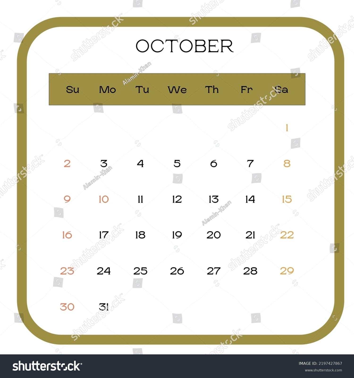 October Month Calendar Design Concept Stock Vector (Royalty Free ...