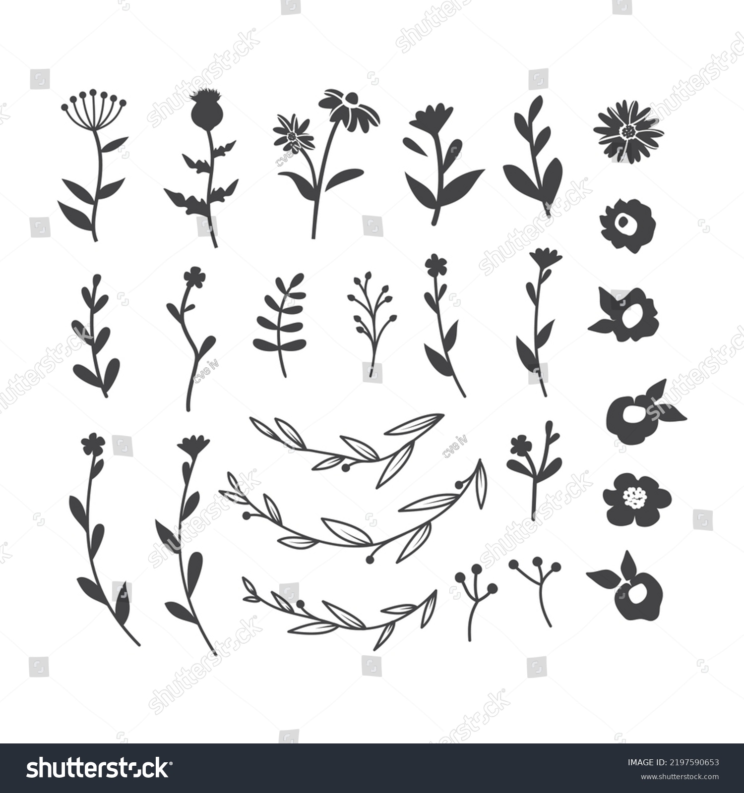 Flowers Branches Silhouette Vector Set Floral Stock Vector (Royalty ...