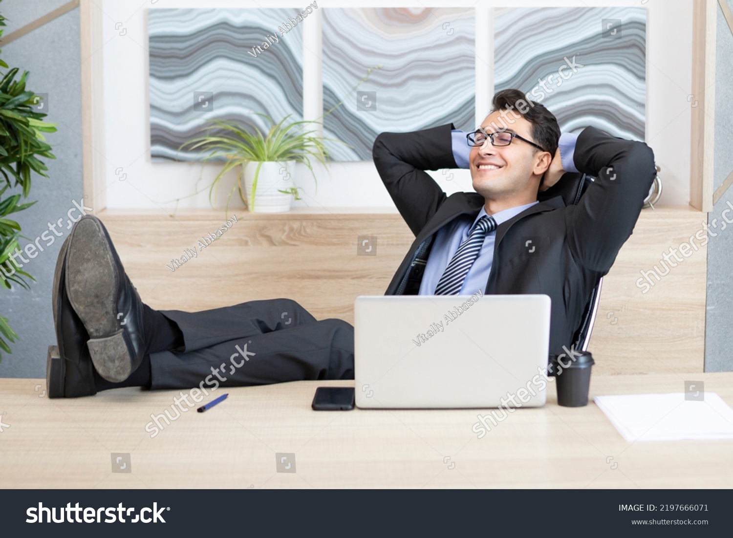 Cheerful Handsome Business Man Putting Legs Stock Photo 2197666071 ...