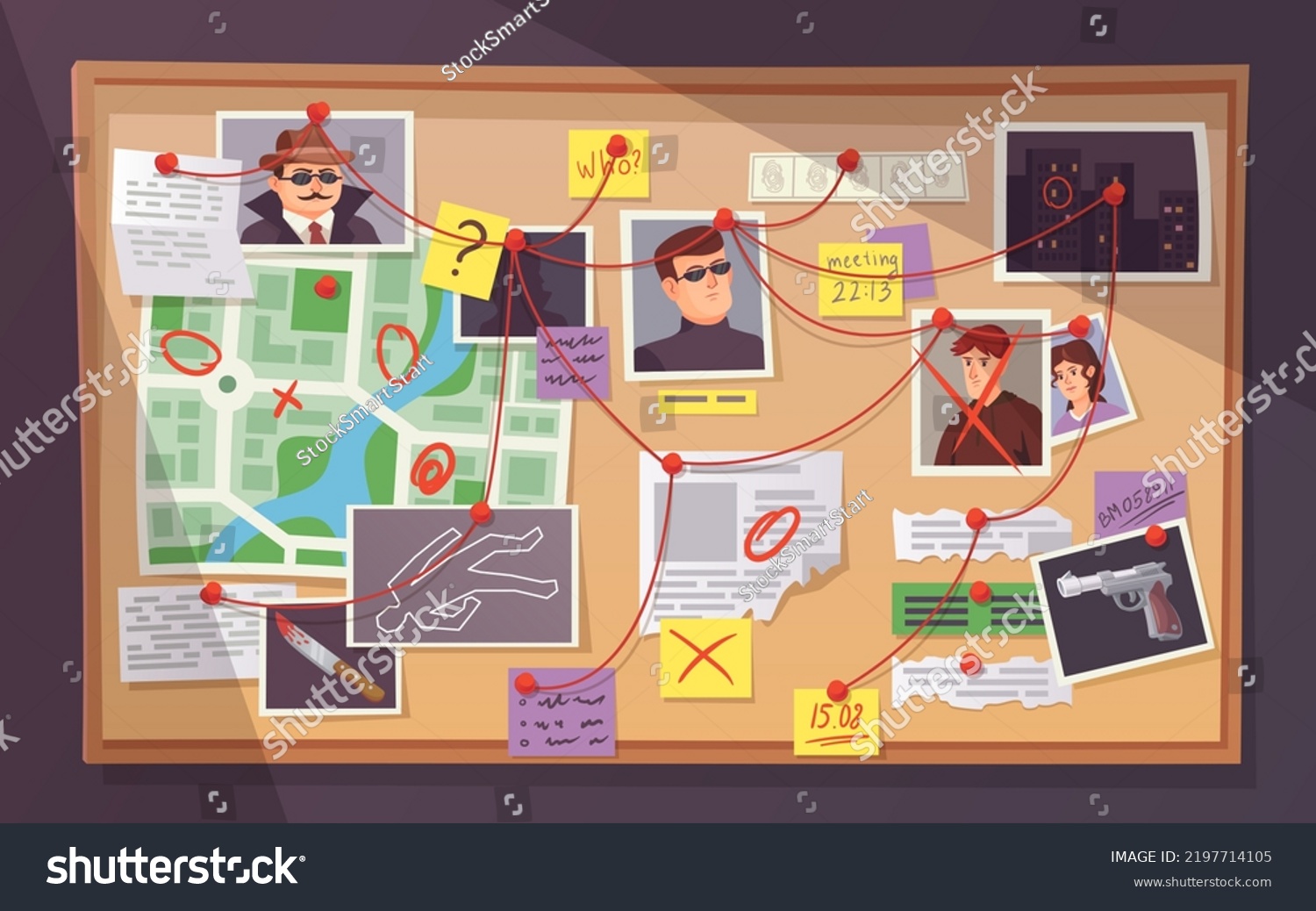 Detective Board Pinboard Crime Investigation Map Stock Vector Royalty