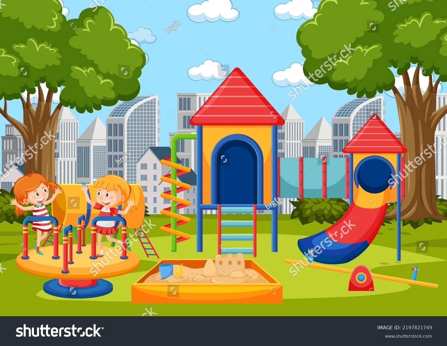 Children Playing Front School Playground Illustration Stock Vector ...