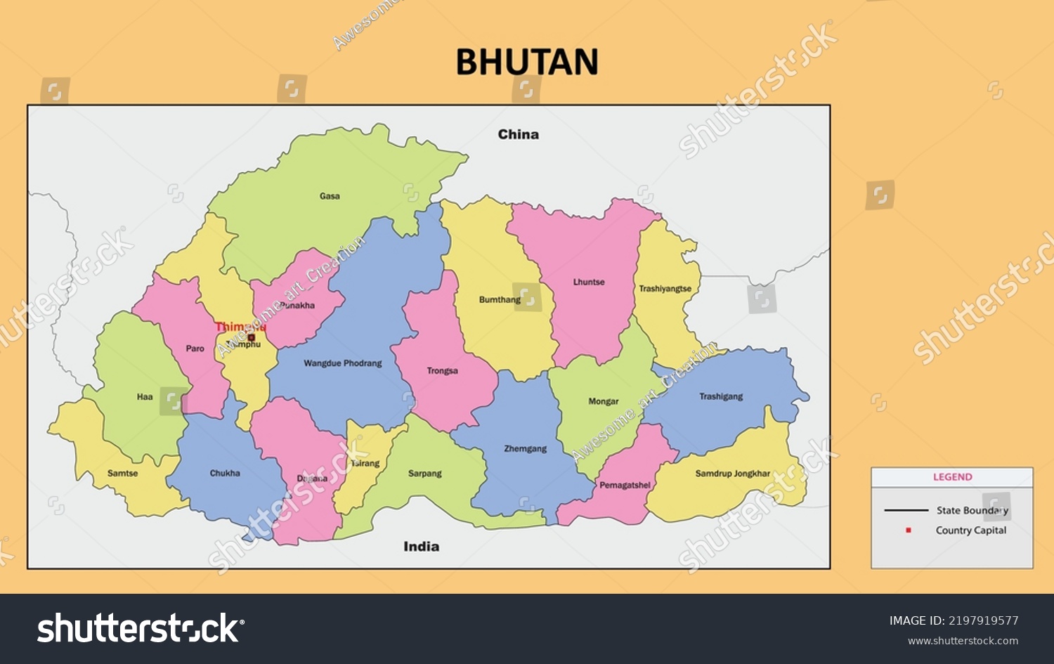 Bhutan Map State District Map Bhutan Stock Vector Royalty Free   Stock Vector Bhutan Map State And District Map Of Bhutan Political Map Of Bhutan With Country Capital 2197919577 