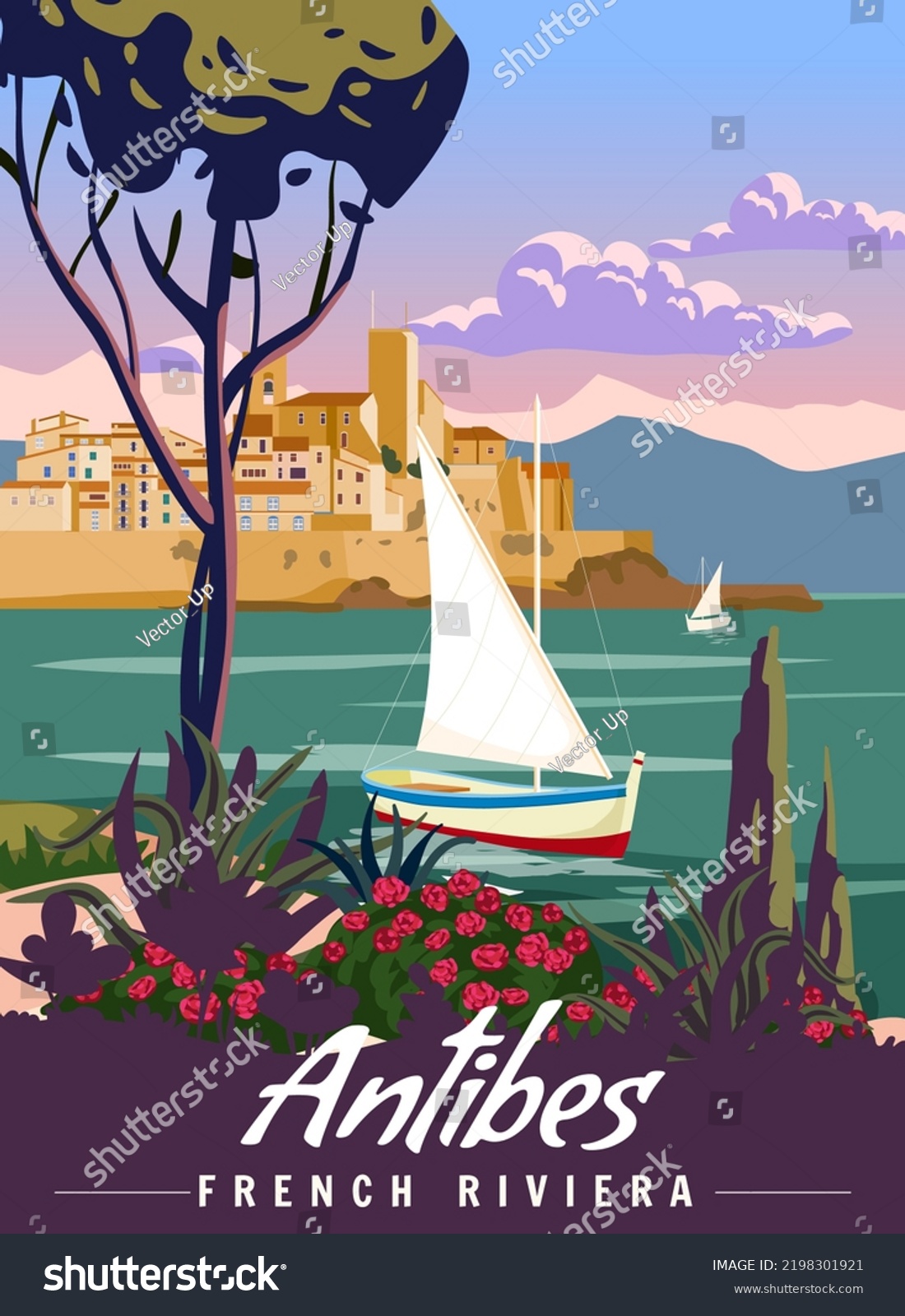 French Riviera Antibes Retro Poster Tropical Stock Vector (Royalty Free ...