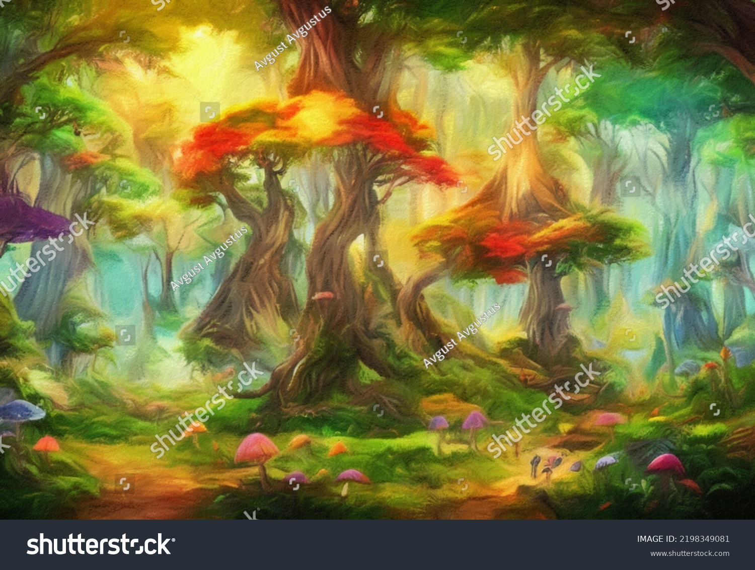 Watercolor Oil Fantasy Forest Landscape Magic Stock Illustration ...