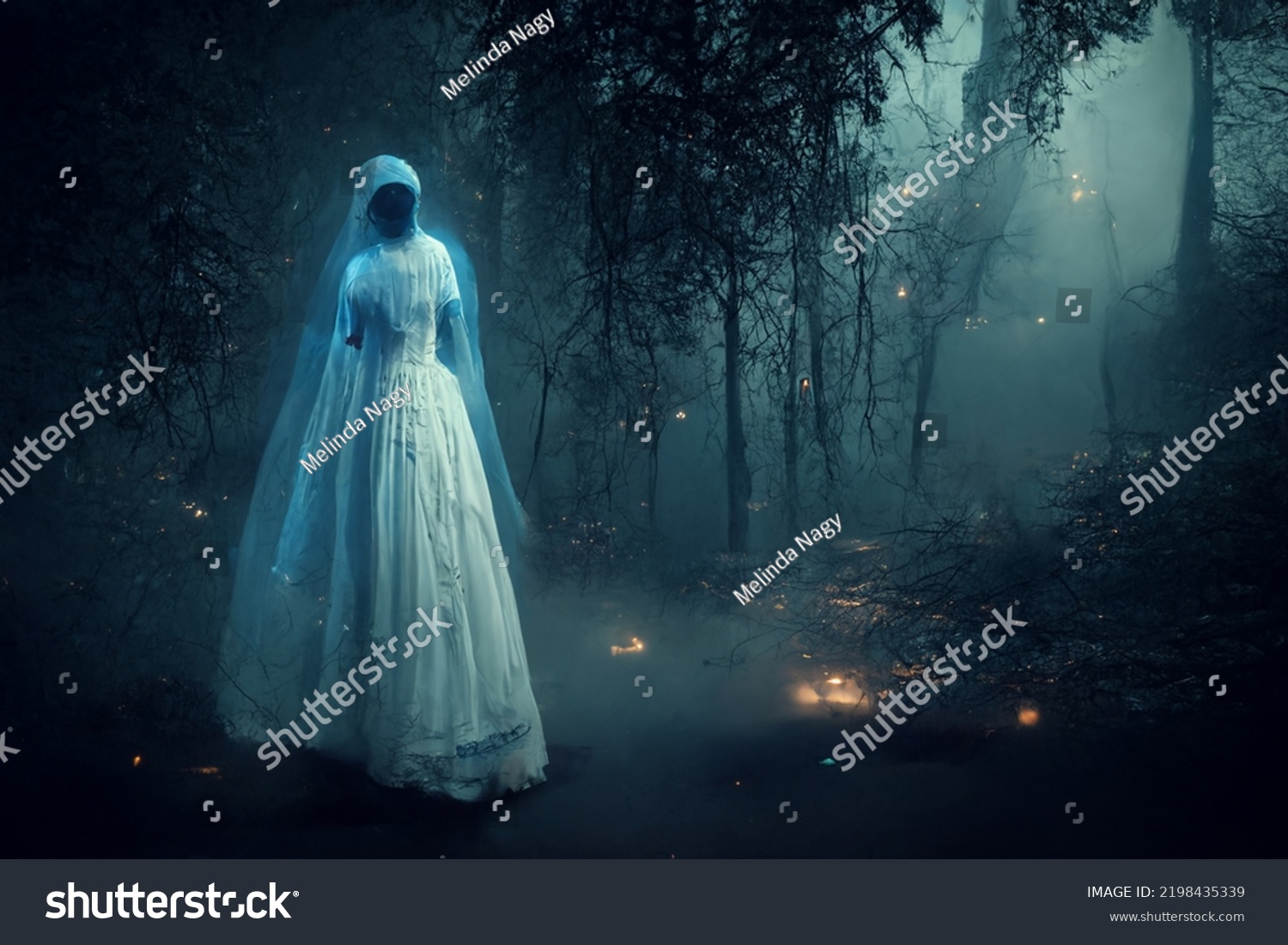 Horror Background Ghostly Figure Enchanted Forest Stock Illustration