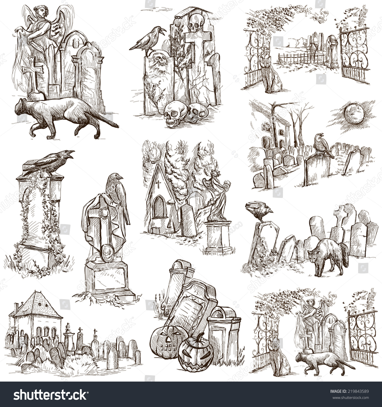 Halloween Theme Cemeteries Collection Hand Drawn Stock Illustration ...