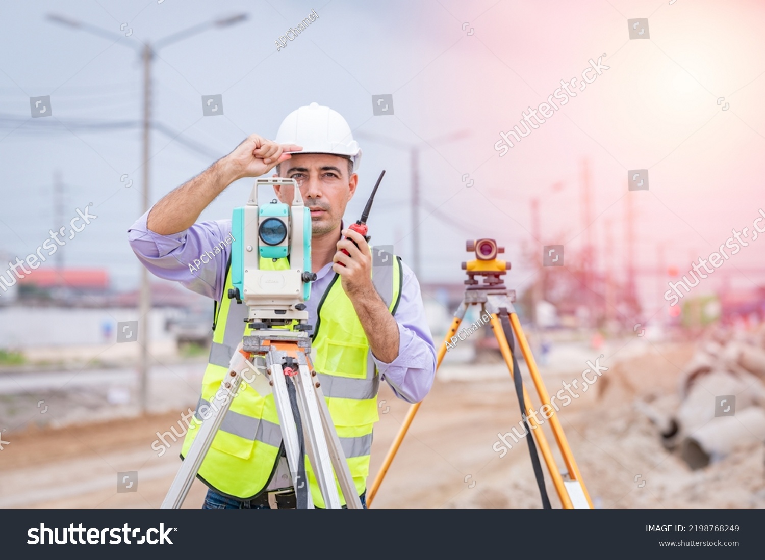 Surveyor Engineers Wearing Safety Uniform Helmet Stock Photo 2198768249 ...