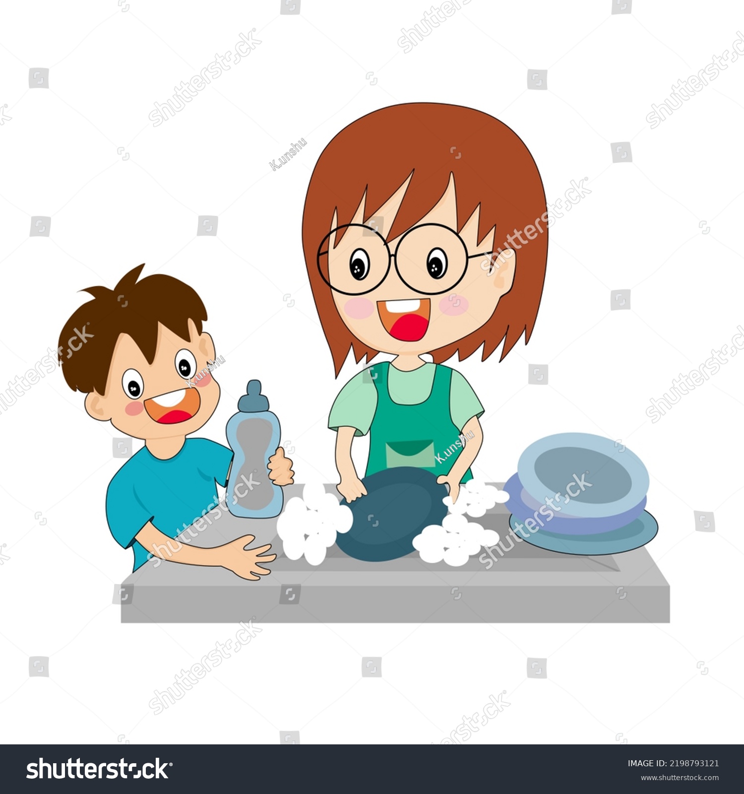 Cartoon Drawing Mother Son Washing Dishes Stock Vector (Royalty Free ...