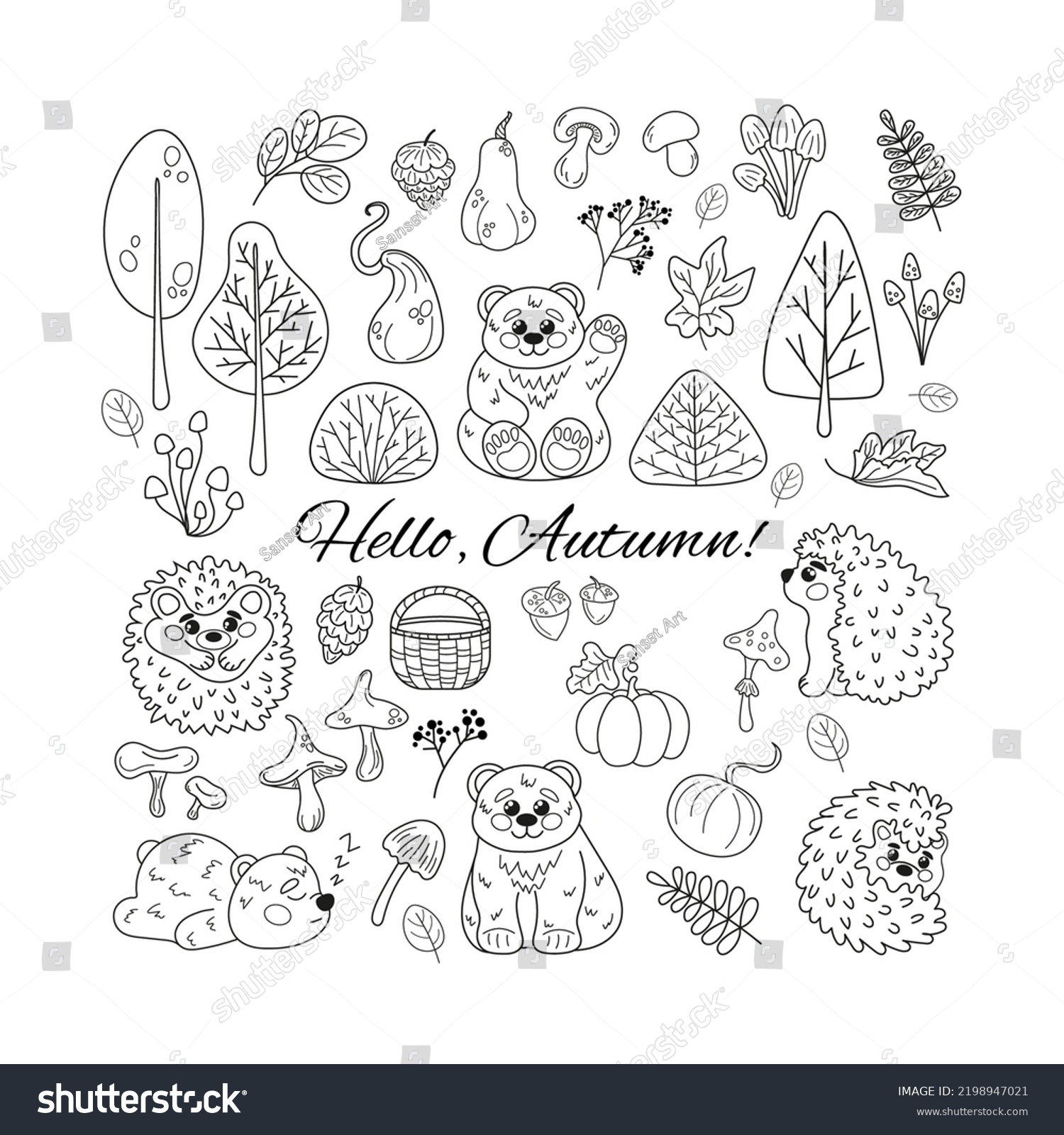 Set Cute Autumn Doodle Elements Forest Stock Vector (Royalty Free ...