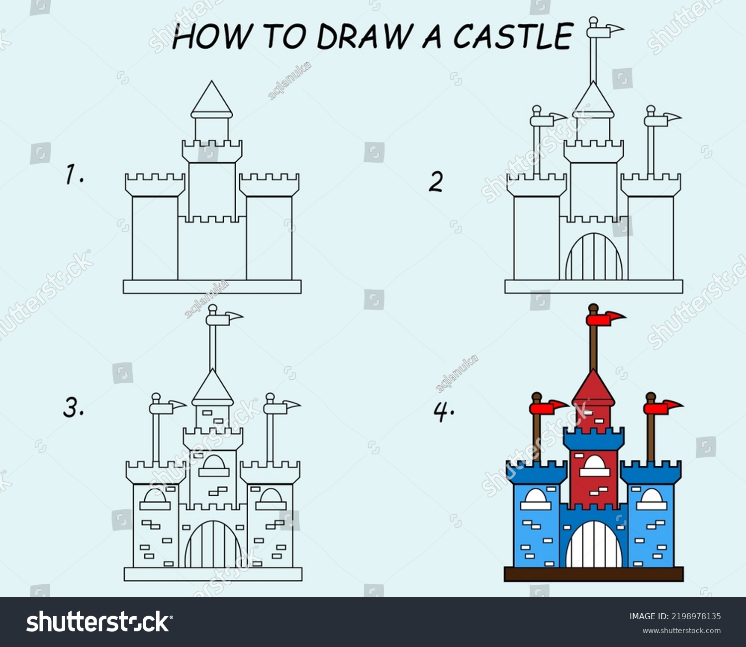 Step By Step Draw Castle Drawing Stock Vector (Royalty Free) 2198978135 ...