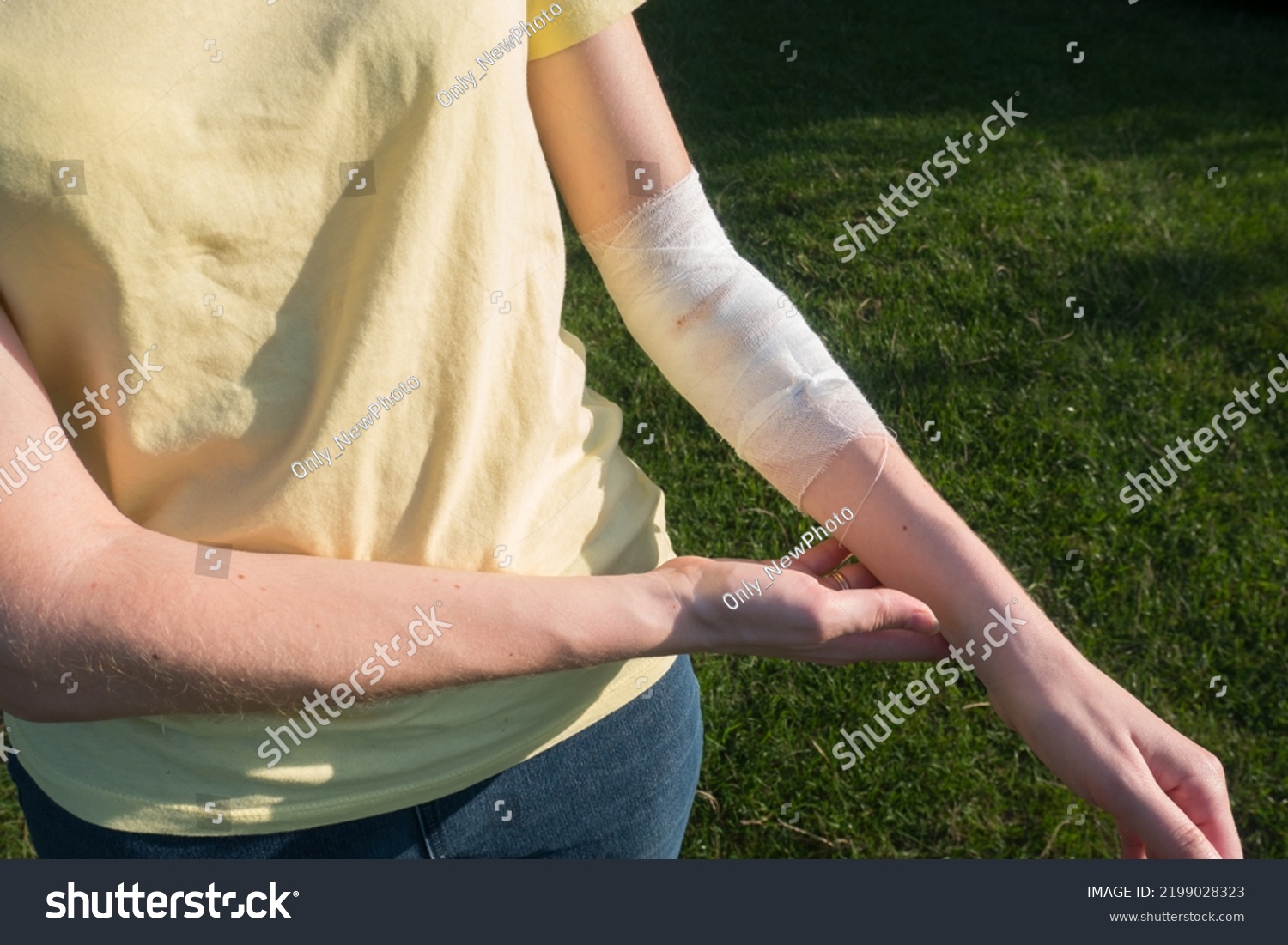 Woman Bandage On Wound Bleeding Injury Stock Photo 2199028323