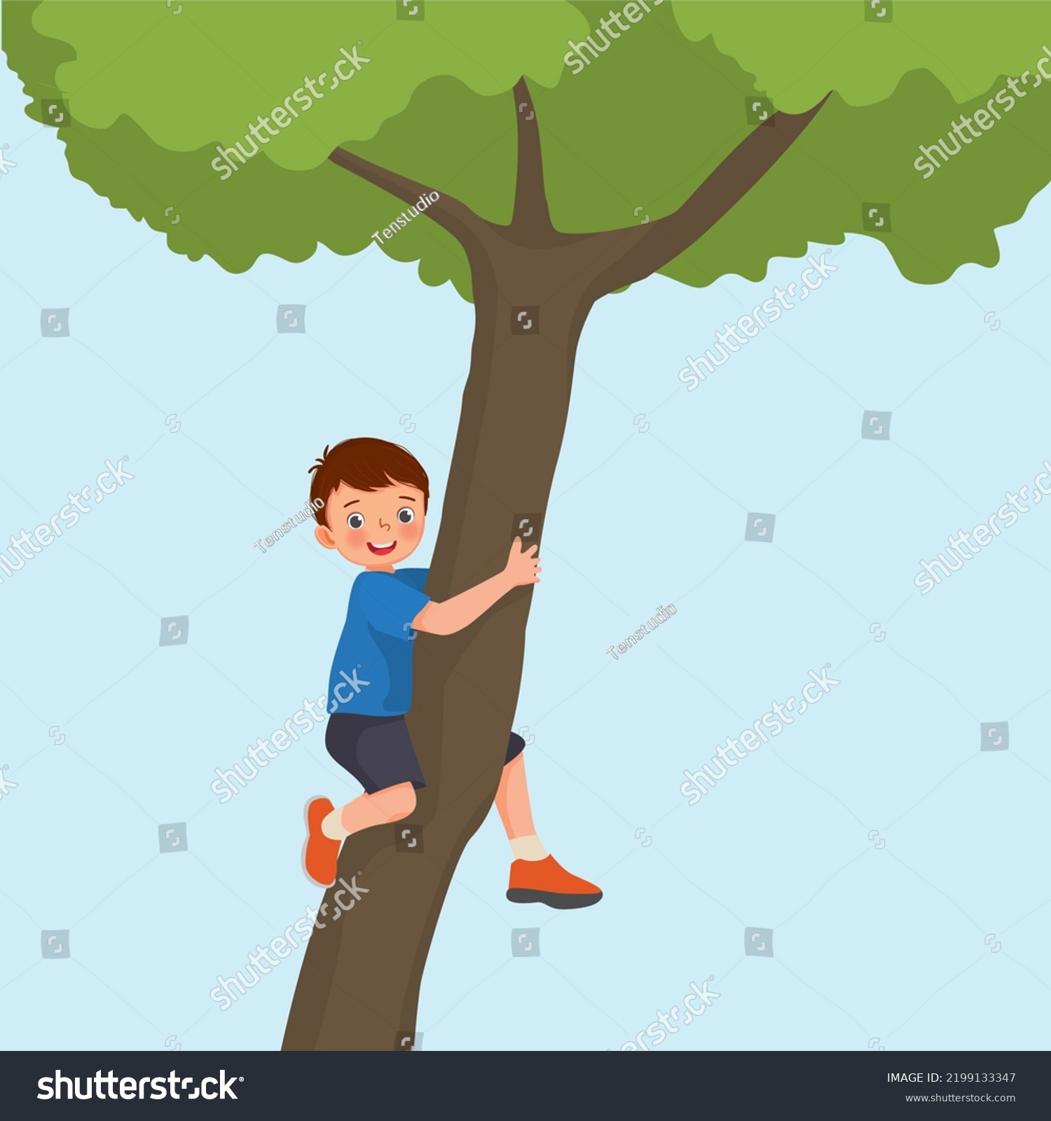 Cute Little Boy Climbing Big Tree Stock Vector (Royalty Free ...