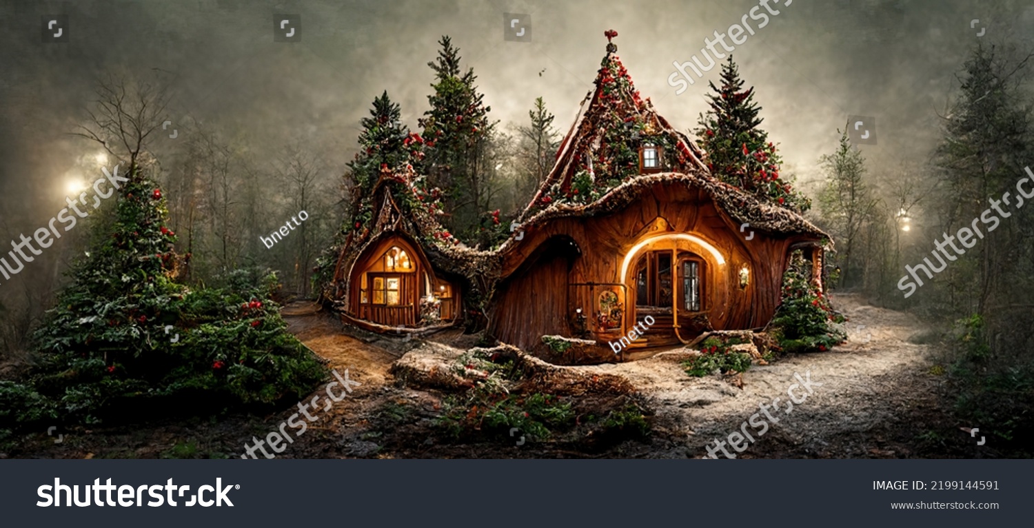 3d Illustration Rendering Enchanted Forest Santas Stock Illustration