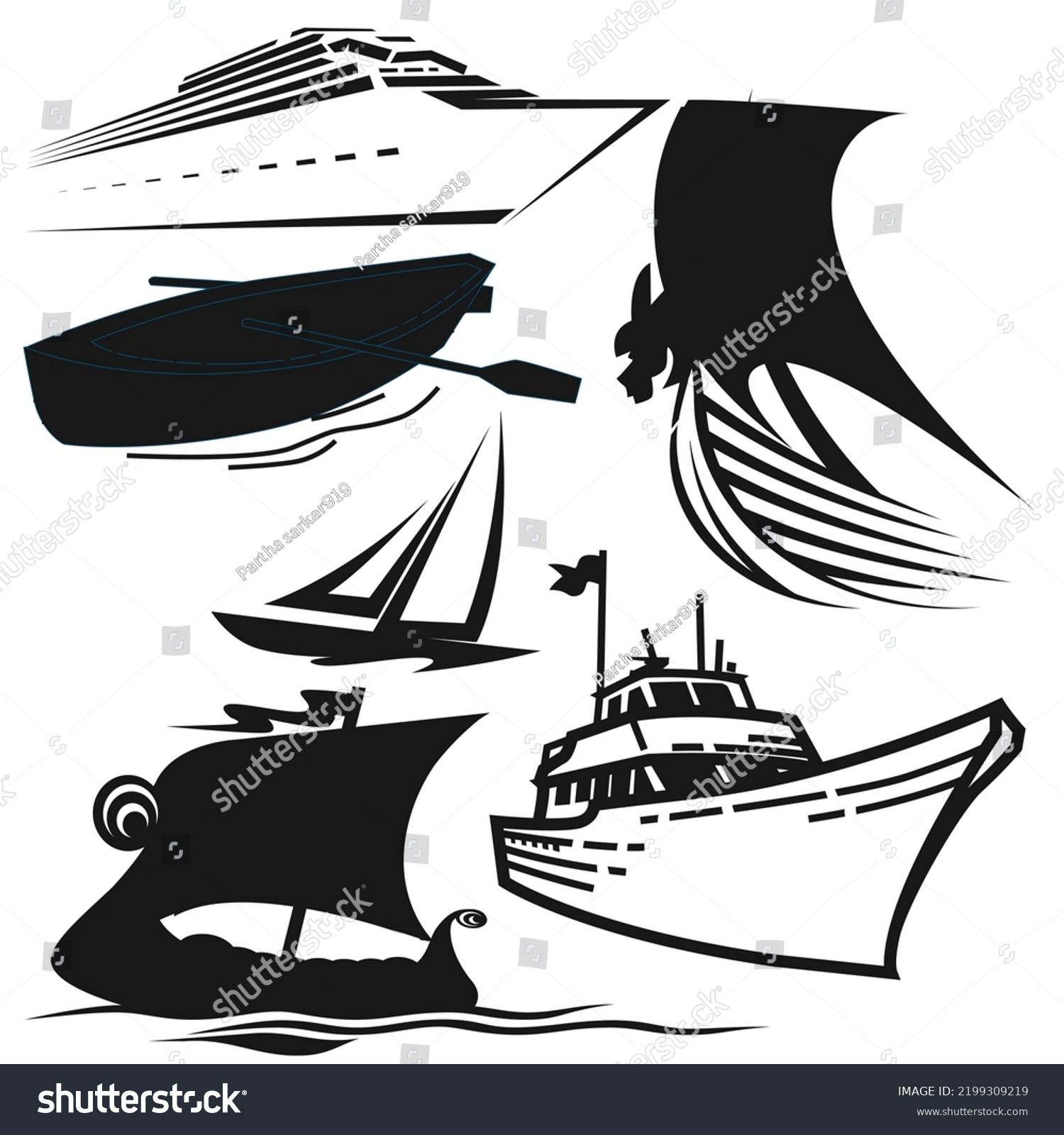 Silhouettes Sea Yachts Towboat Battleship Ships Stock Vector (Royalty ...