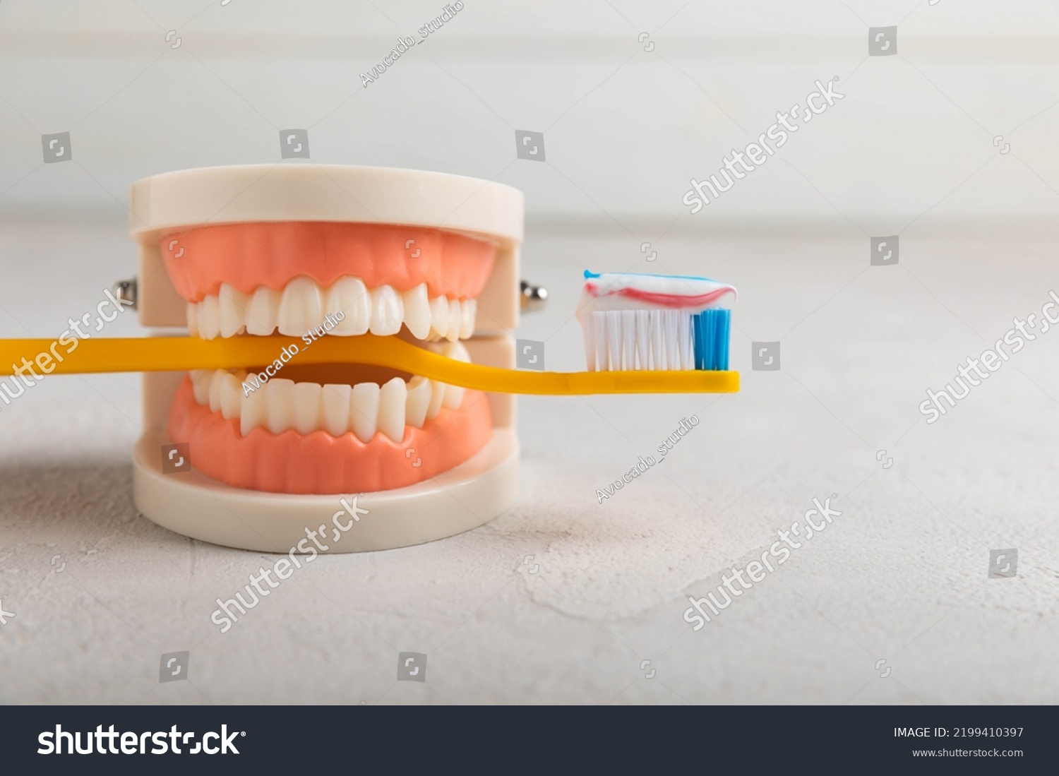 Dentures Toothbrush On White Background Upper Stock Photo 2199410397