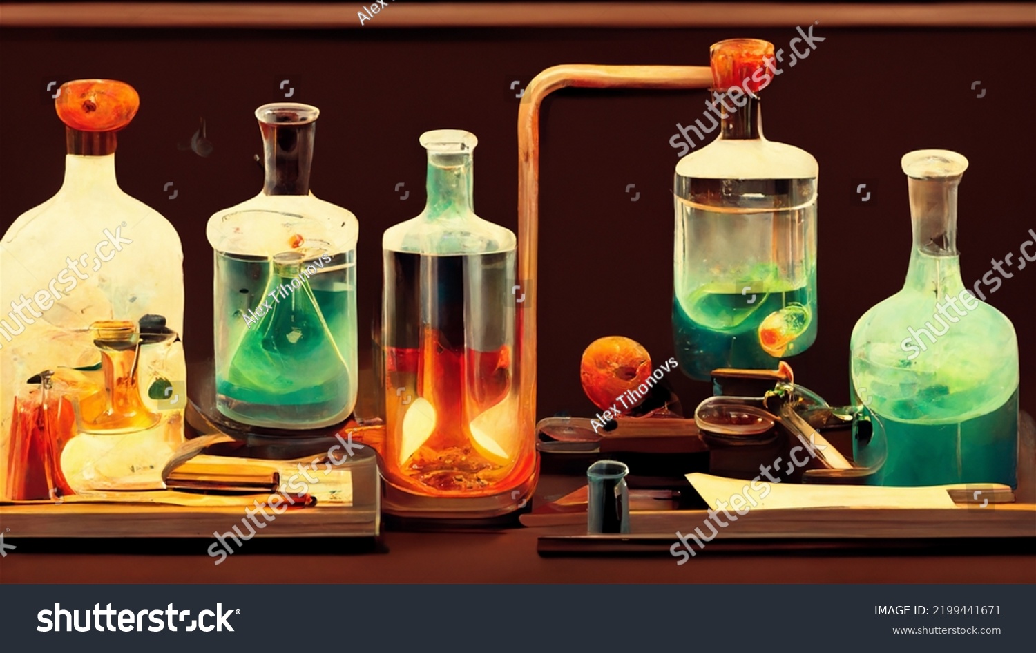 Chemistry Beakers Flasks Set Background Science Stock Illustration